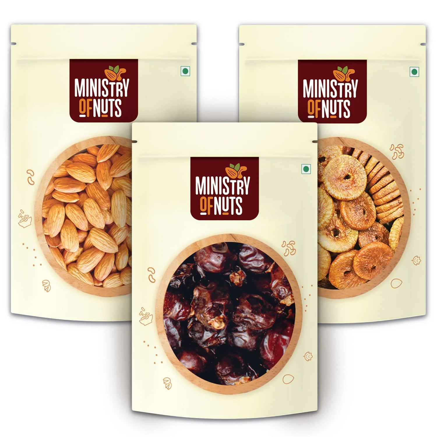 Ministry Of Nuts Pack of 3 Premium Dry Fruits California Almonds 200g, Dates 200g, Figs 200g Total 600g, Natural Dry Fruits with Good Source of Protein, Zero Cholesterol Trans Fa