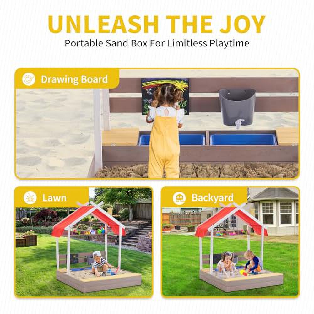 Kids Wooden Sandbox with Cover, 45'' Pipleo Outdoor Sand Box Play with Lid, Drawing Board, Sink, Shelf, Kids Sand Boxes for Backyard Garden Beach, Children Playset Sandpit (Natural Wood)