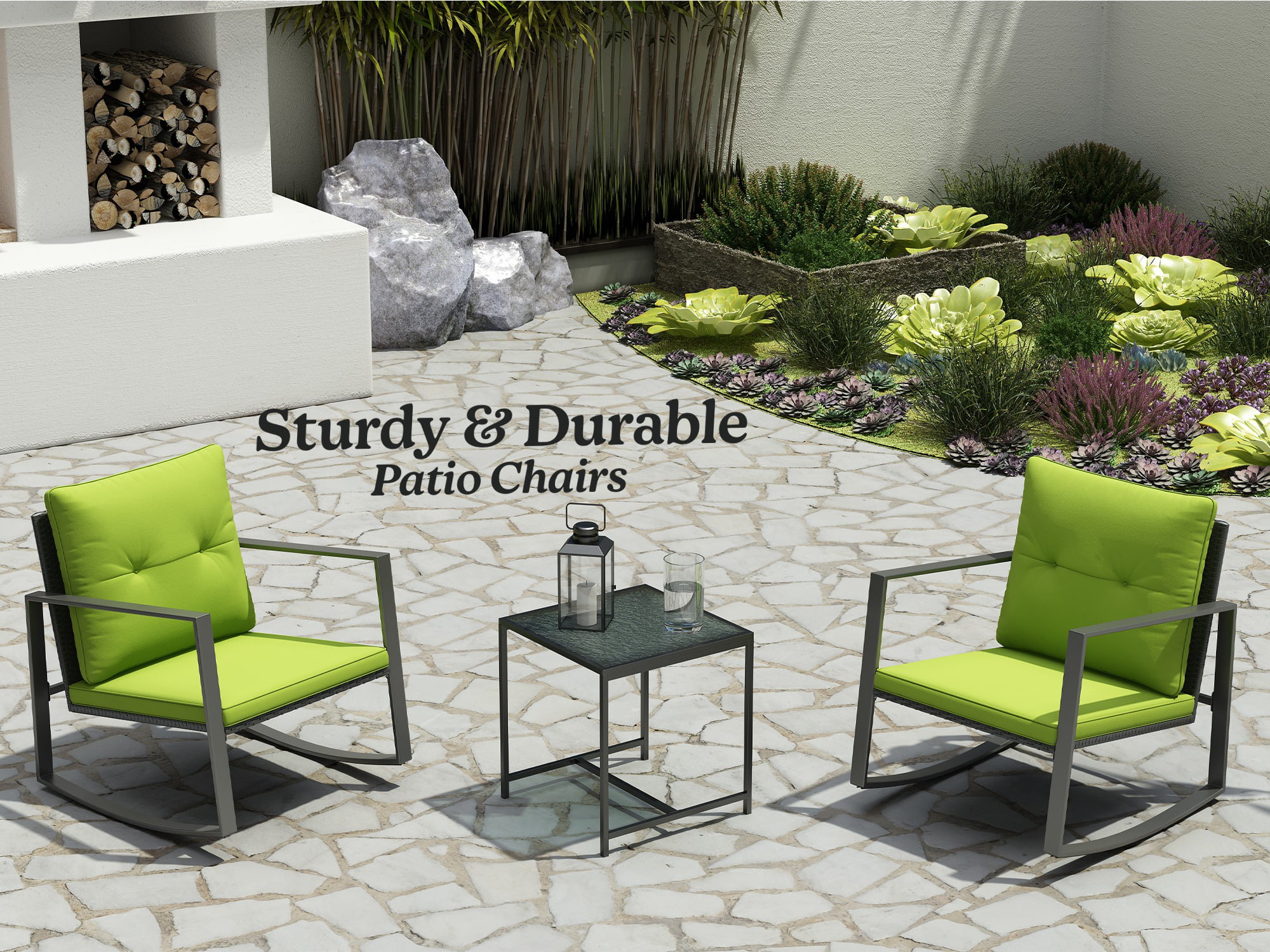 Fleur 3-Piece Patio Furniture Set -Two Solid Relaxing Chairs With Glass Garden Coffee Table - Green