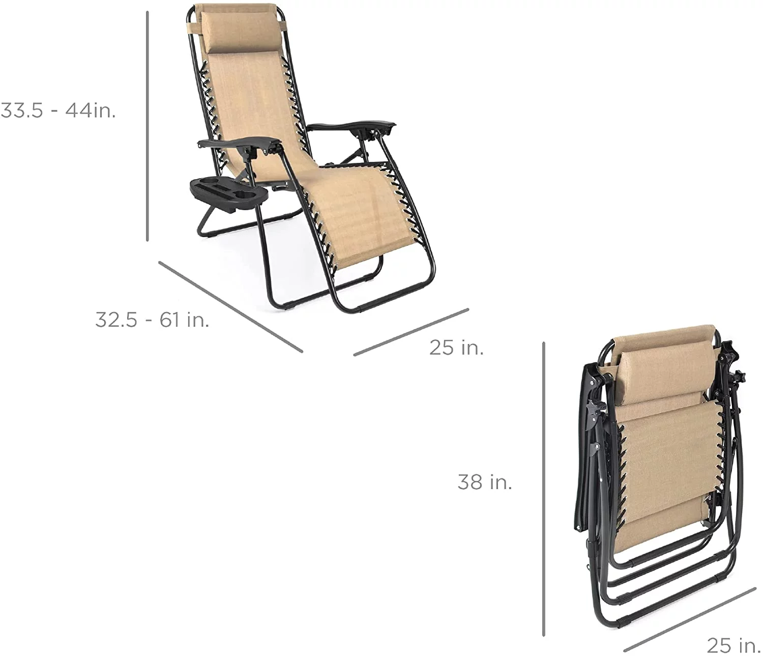 Set of 2 Adjustable Steel Mesh Zero Gravity Lounge Chair Recliners w/Pillows and Cup Holder Trays - Sand