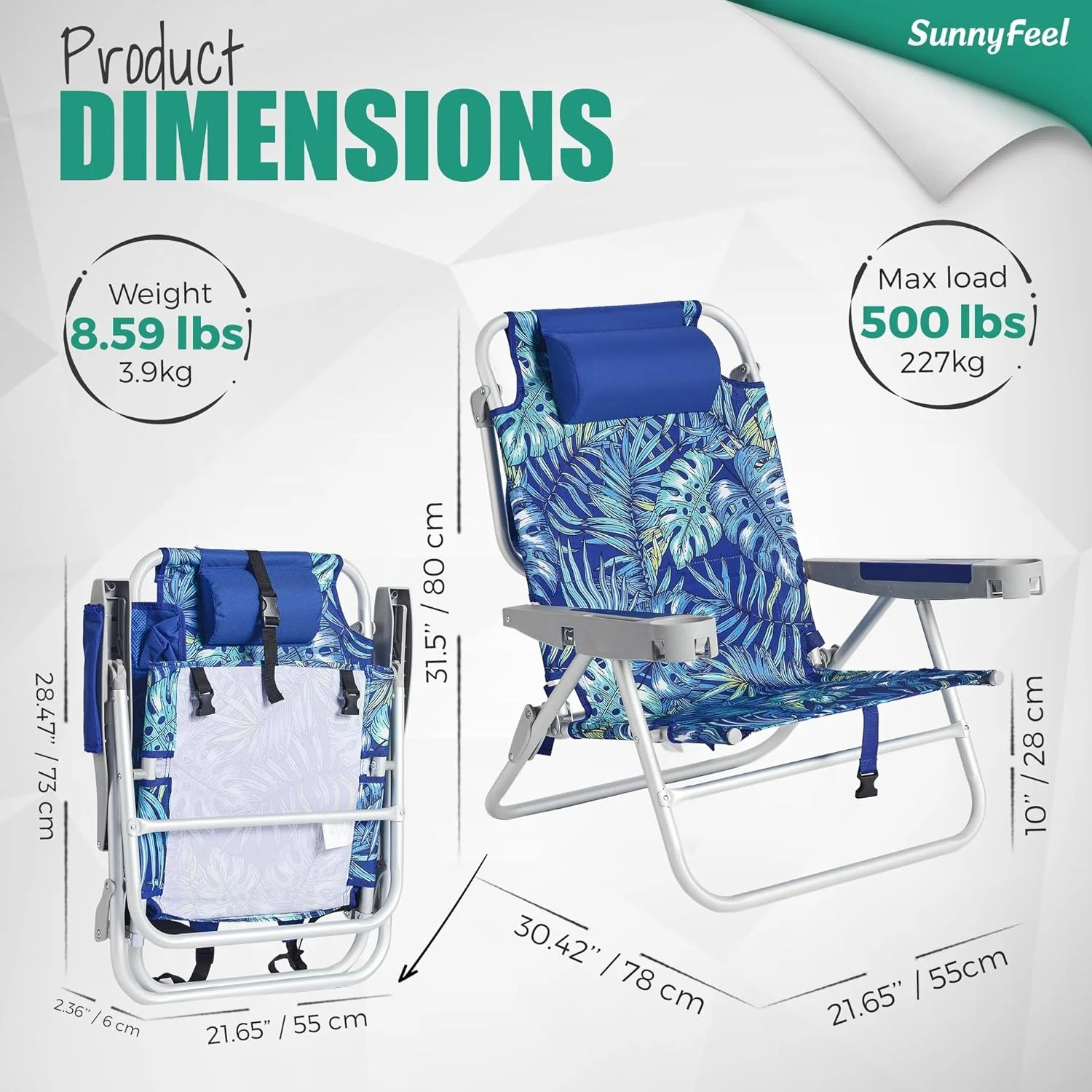 SUNNYFEEL Extra Wide Low Beach Chair 2 Pack 5 Position Lay, XL Oversized Portable Folding Camping Chairs with Cup Holder for Outdoor/Sand, Foldable Backpack Beach Chair for Adults Heavy Duty 500 LBS