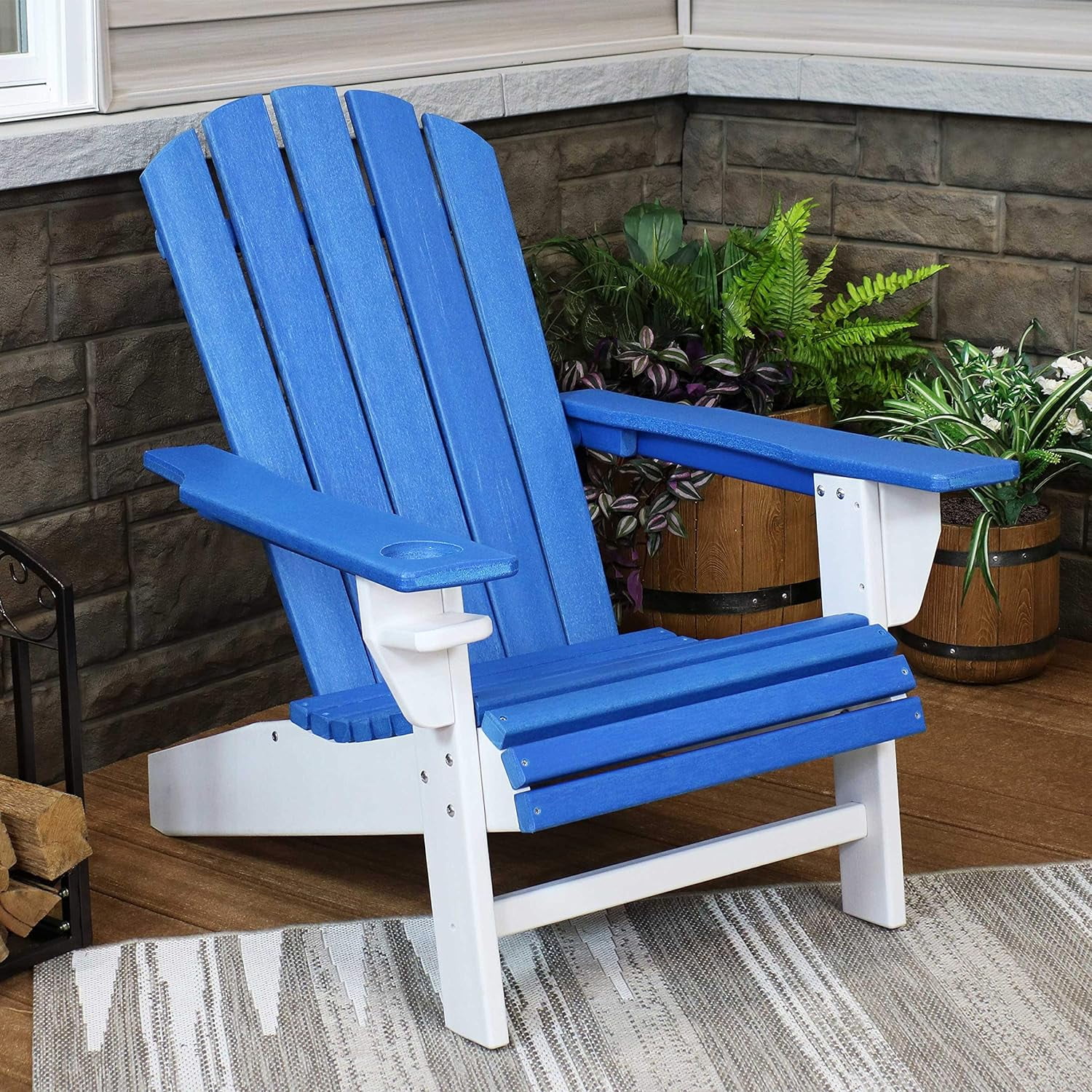 Blue/White Outdoor Adirondack Chair with Drink Holder - Heavy Duty HDPE Weatherproof Patio Chair - Ideal for Lawn, Garden, and Around The