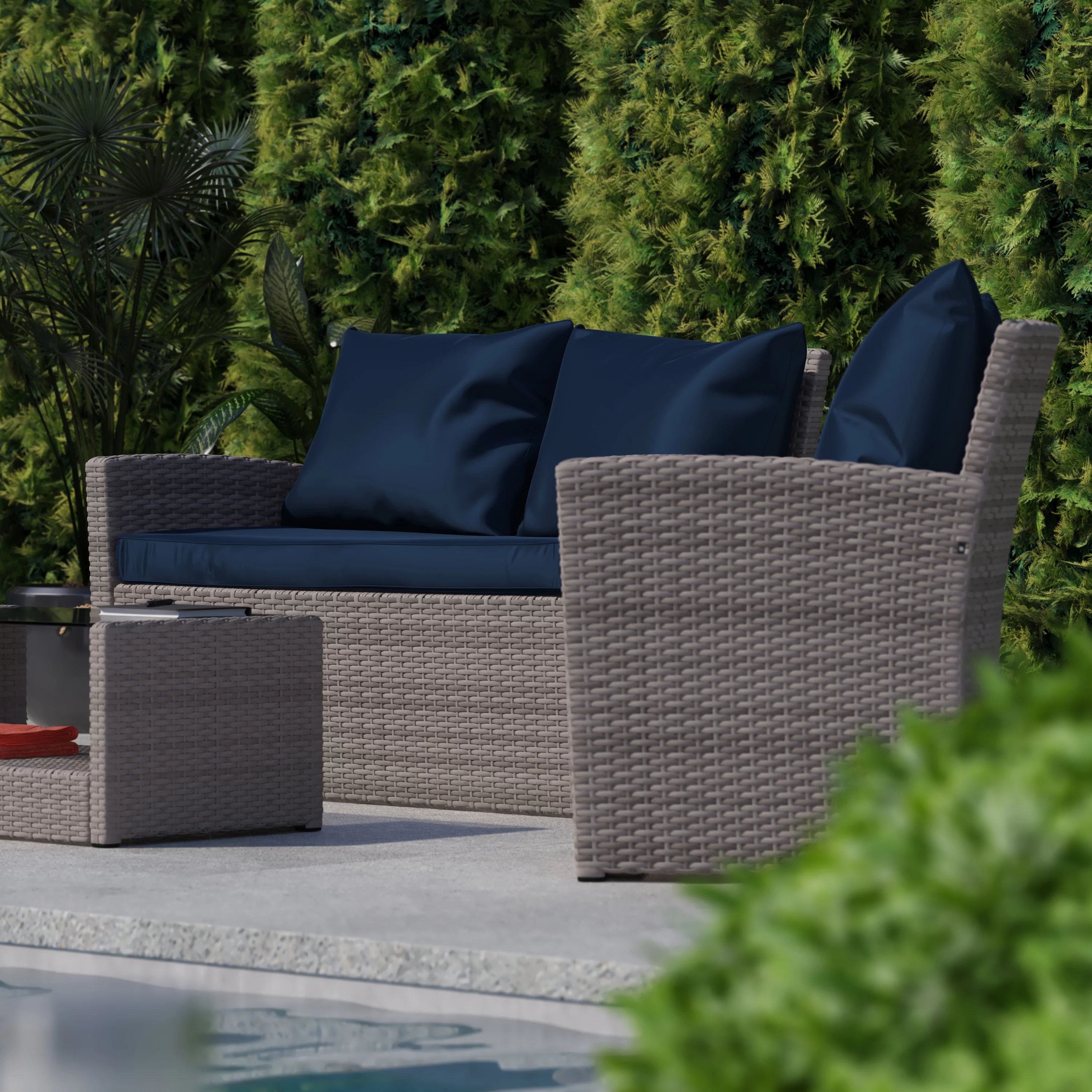 BizChair Series 4 Piece Light Gray Patio Set with Navy Back Pillows and Seat Cushions