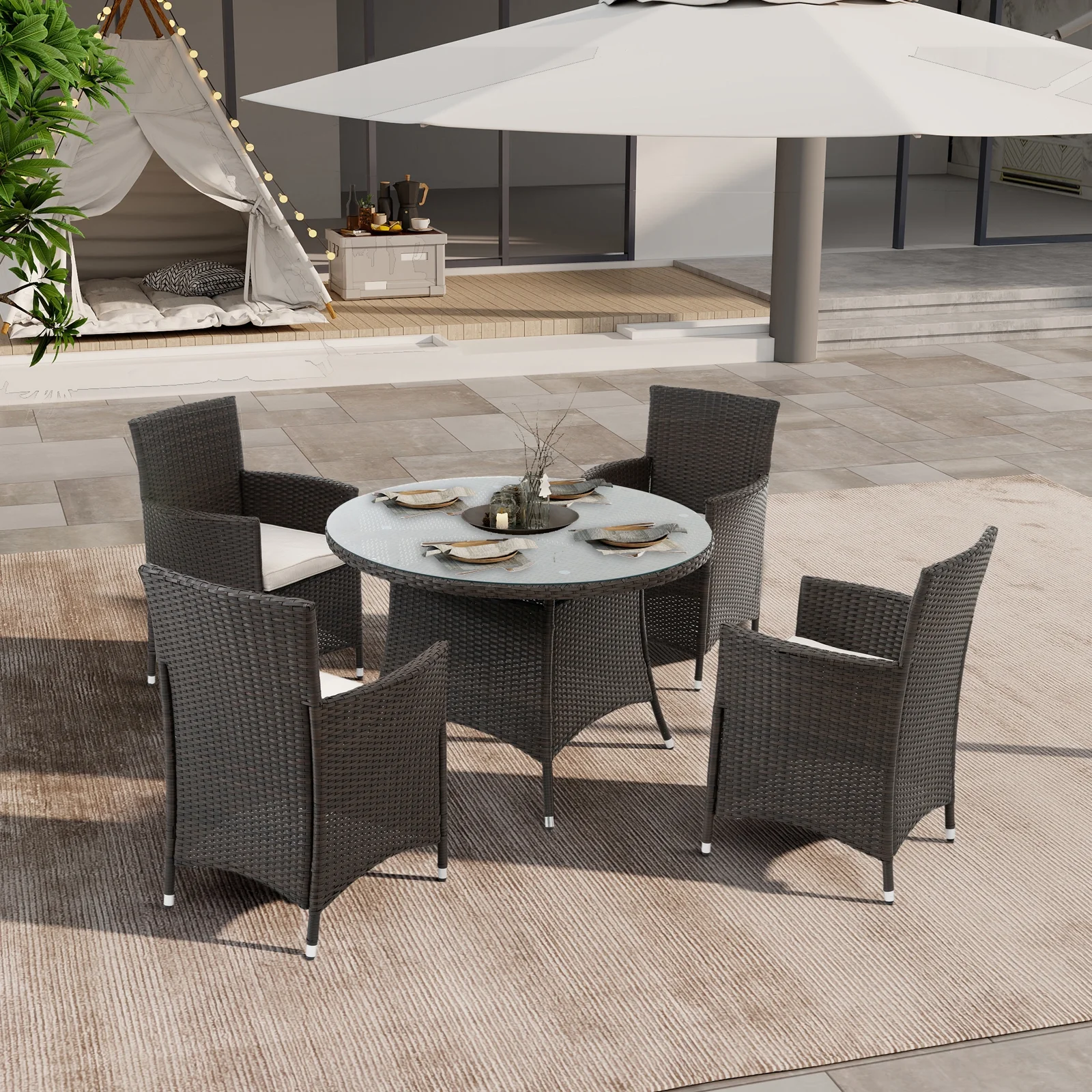 5 Piece Outdoor Dining Set All-Weather Wicker Patio Dining Table and Chairs with Cushions, Round Tempered Glass Tabletop with Umbrella Cutout for Patio Backyard Porch Garden Poolside