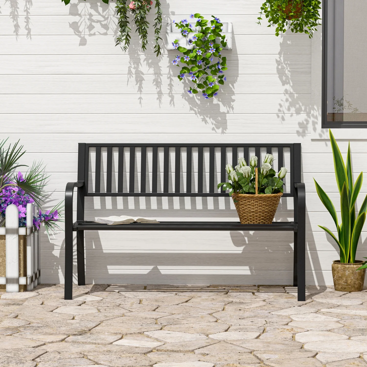 LEIYEHOOM 50” Outdoor Garden Bench  Patio Bench with Slatted Seat  Metal Porch Bench for Backyard  Poolside  Lawn  Black