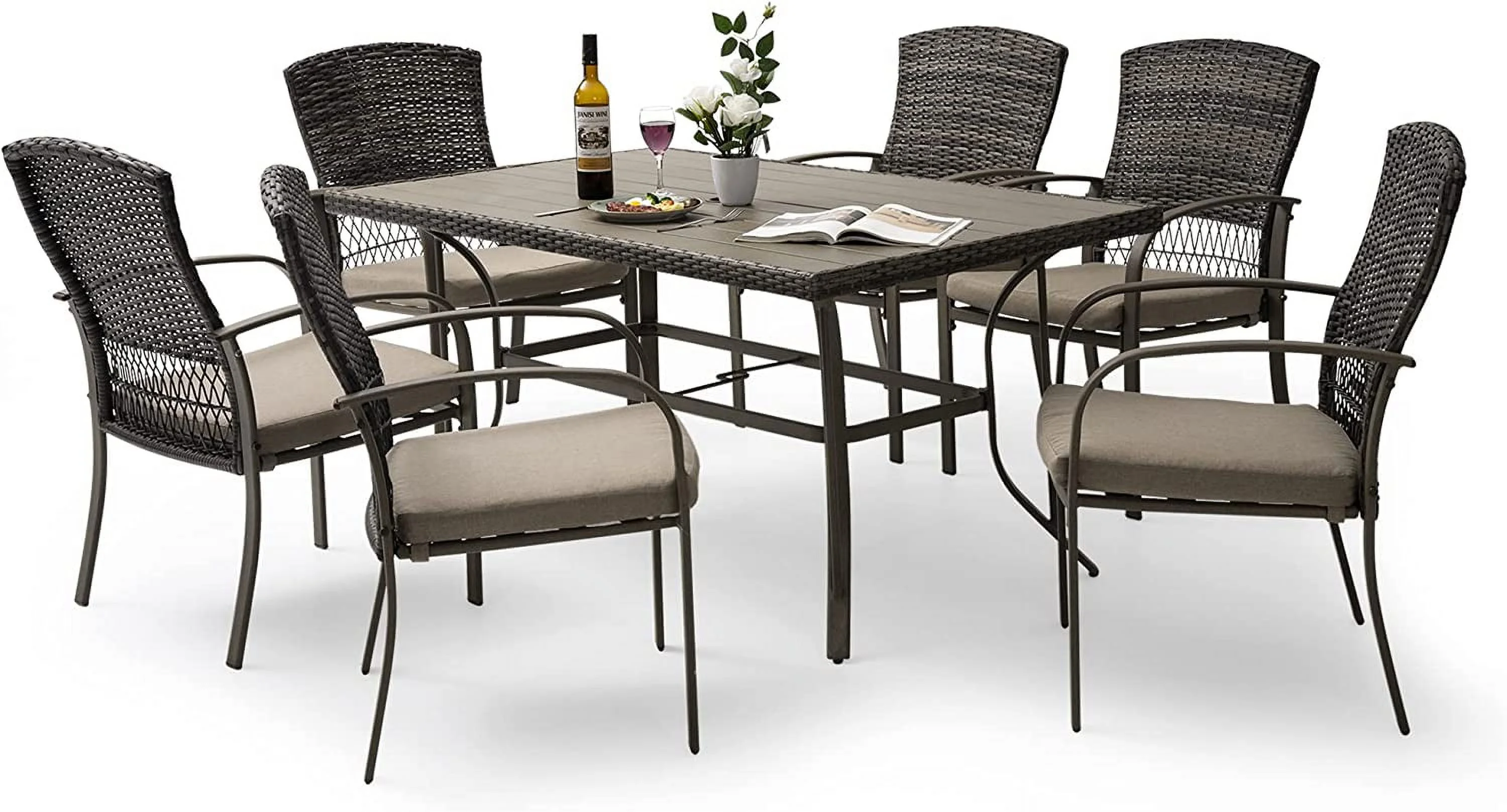 Dining Set for 6  7 PCS Patio Table & Chair Set  Metal Slatted Table with 2" Umbrella Hole  All-Weather Wicker Patio Dining Furniture with Removable Cushions for Deck  Lawn  Garde
