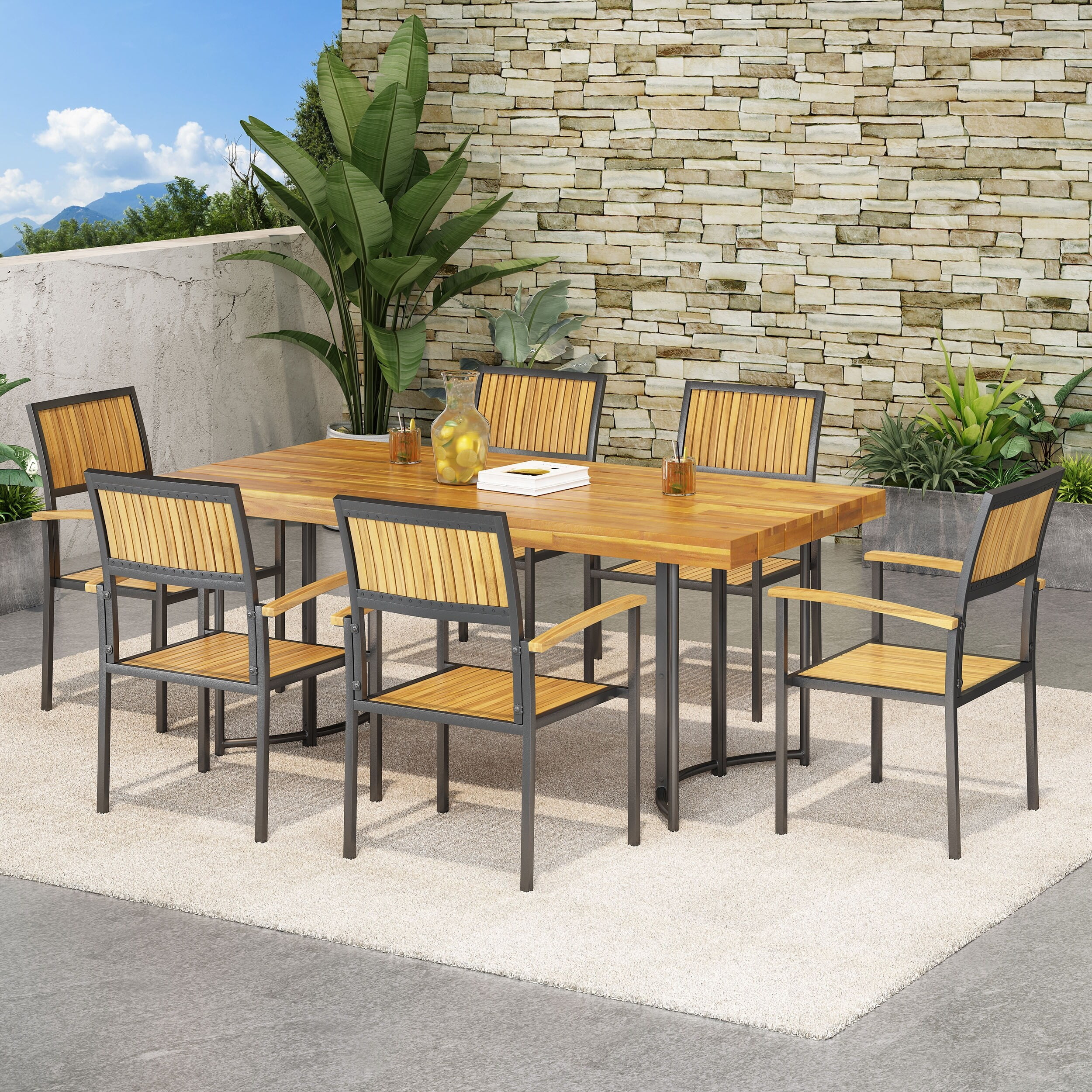 Christopher Knight Home Bridget Outdoor Modern Industrial 7 Piece Acacia Wood Dining Set by