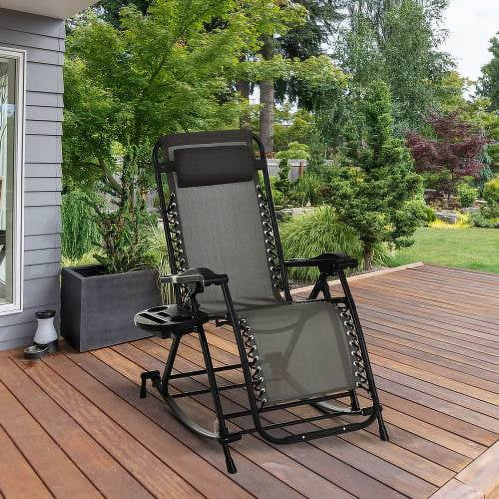LNSETGC Outdoor Rocking Chairs  Foldable Reclining Anti Gravity Lounge Rocker w/ Pillow  Cup & Phone Holder  Combo Design w/ Folding Legs  Gray