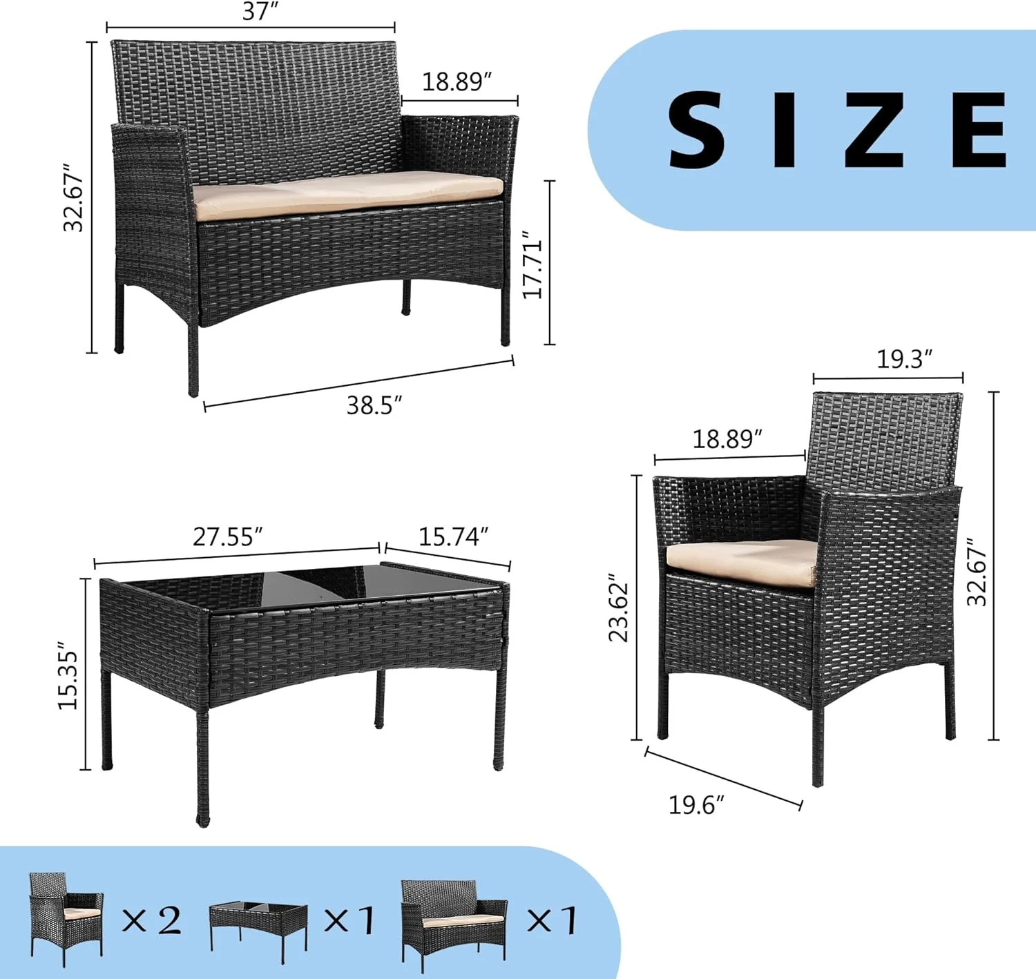 4 Pieces Outdoor Patio Furniture Sets Rattan Chair Wicker Set,Outdoor Indoor Use Backyard Porch Garden Poolside Balcony Furniture（Brown）