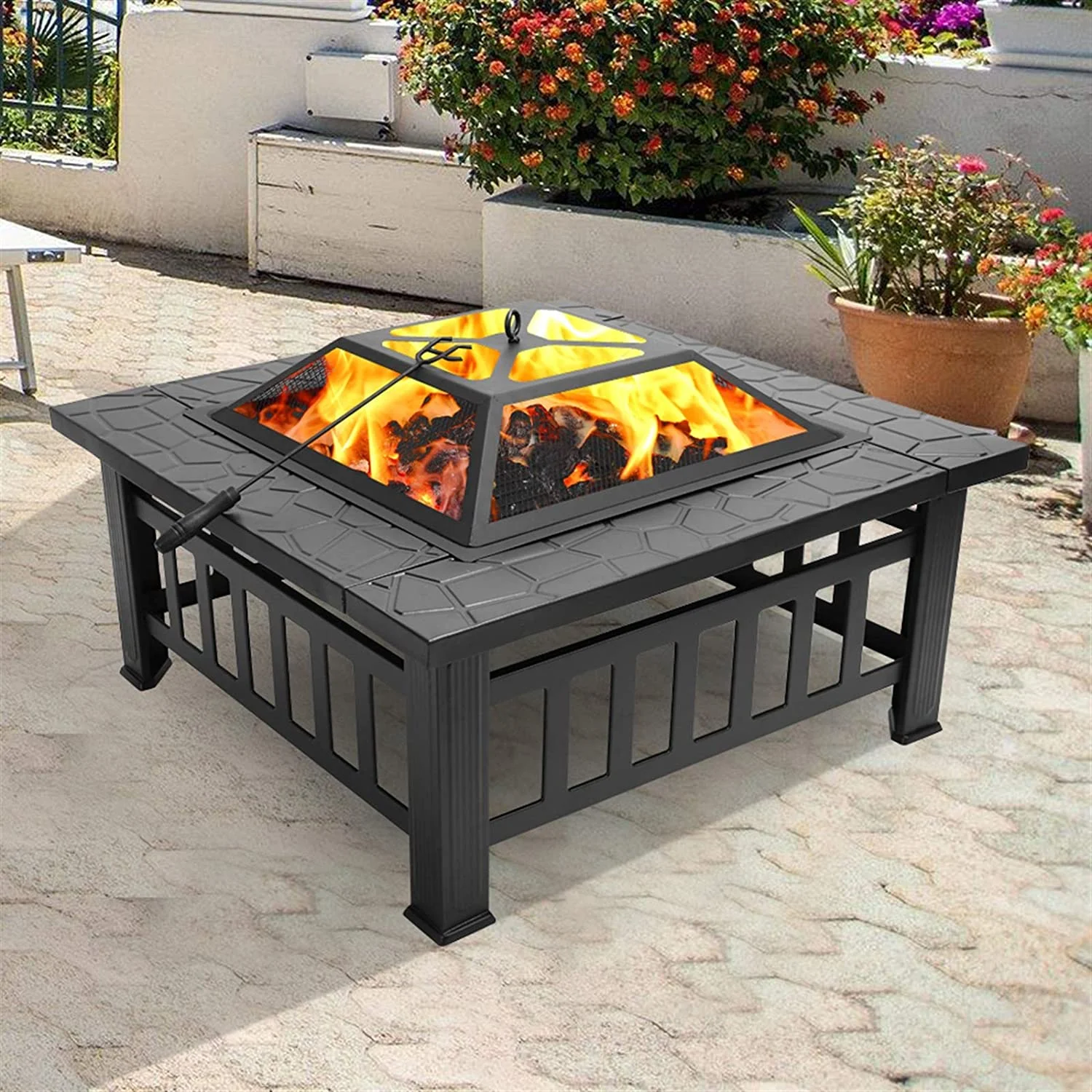 Fire Pit Table 32in Square Metal Firepit Stove Backyard Patio Garden Fireplace for Camping, Outdoor Heating, Bonfire and Picnic