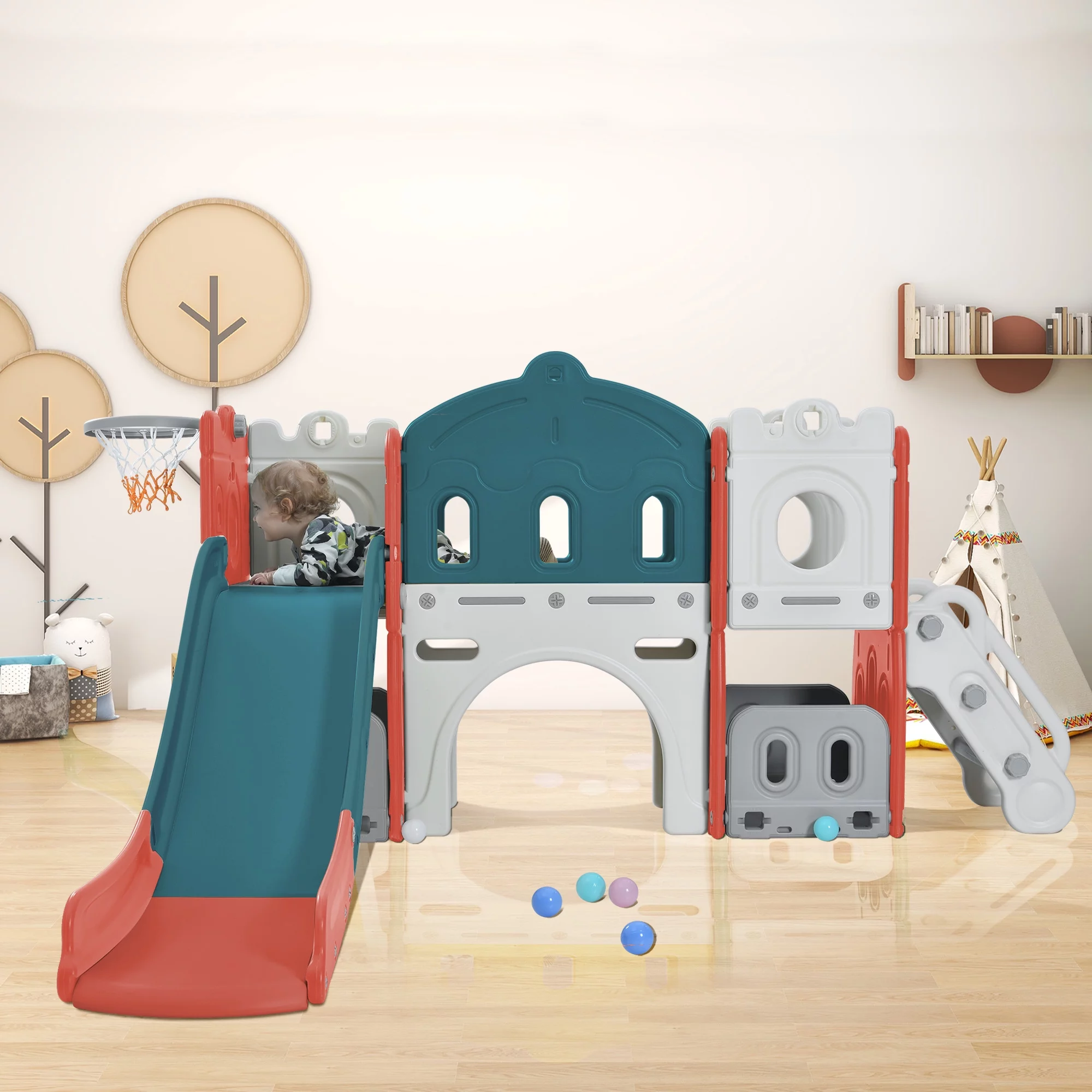 Kids Slide Playset Structure, Freestanding Castle Climber with Slide and Basketball Hoop, Toy Storage Organizer for Toddlers, Kids Climbers Playhouse for Indoor Outdoor Playground Activity