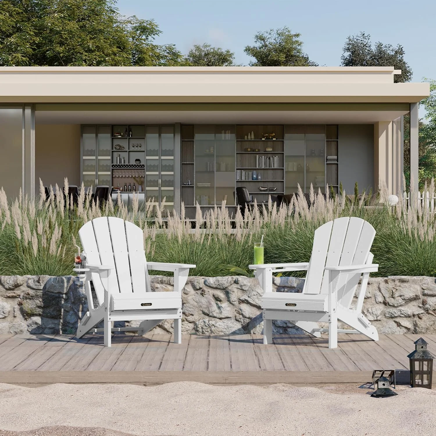 Folding Adirondack Chair Wood Texture, Patio Adirondack Chair Weather Resistant, Plastic Fire Pit Chair with Cup Holder, Lawn Chair for Outdoor Porch Garden Backyard Deck (White)