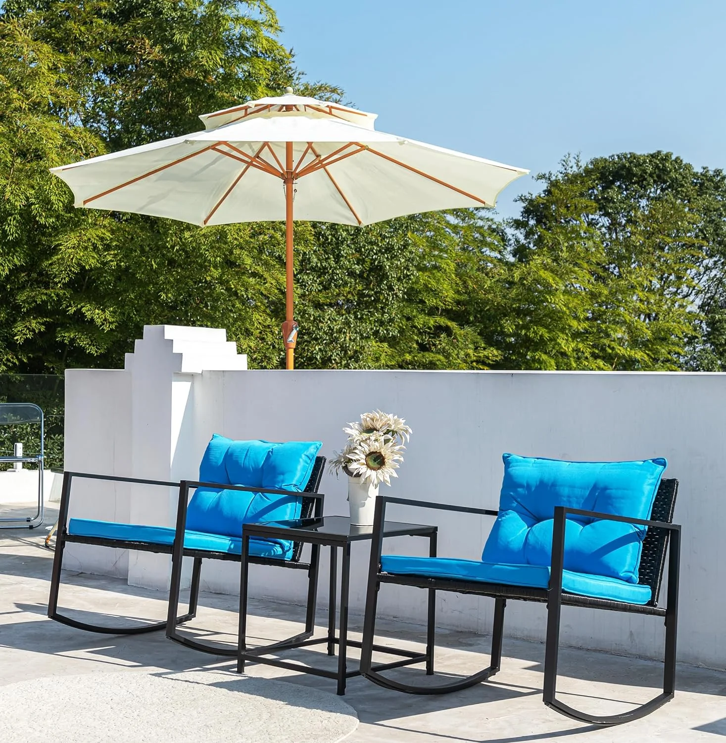 3 Pieces Rocking Wicker Bistro Set, Patio Outdoor Furniture Conversation Sets with Porch Chairs and Glass Coffee Table, Blue