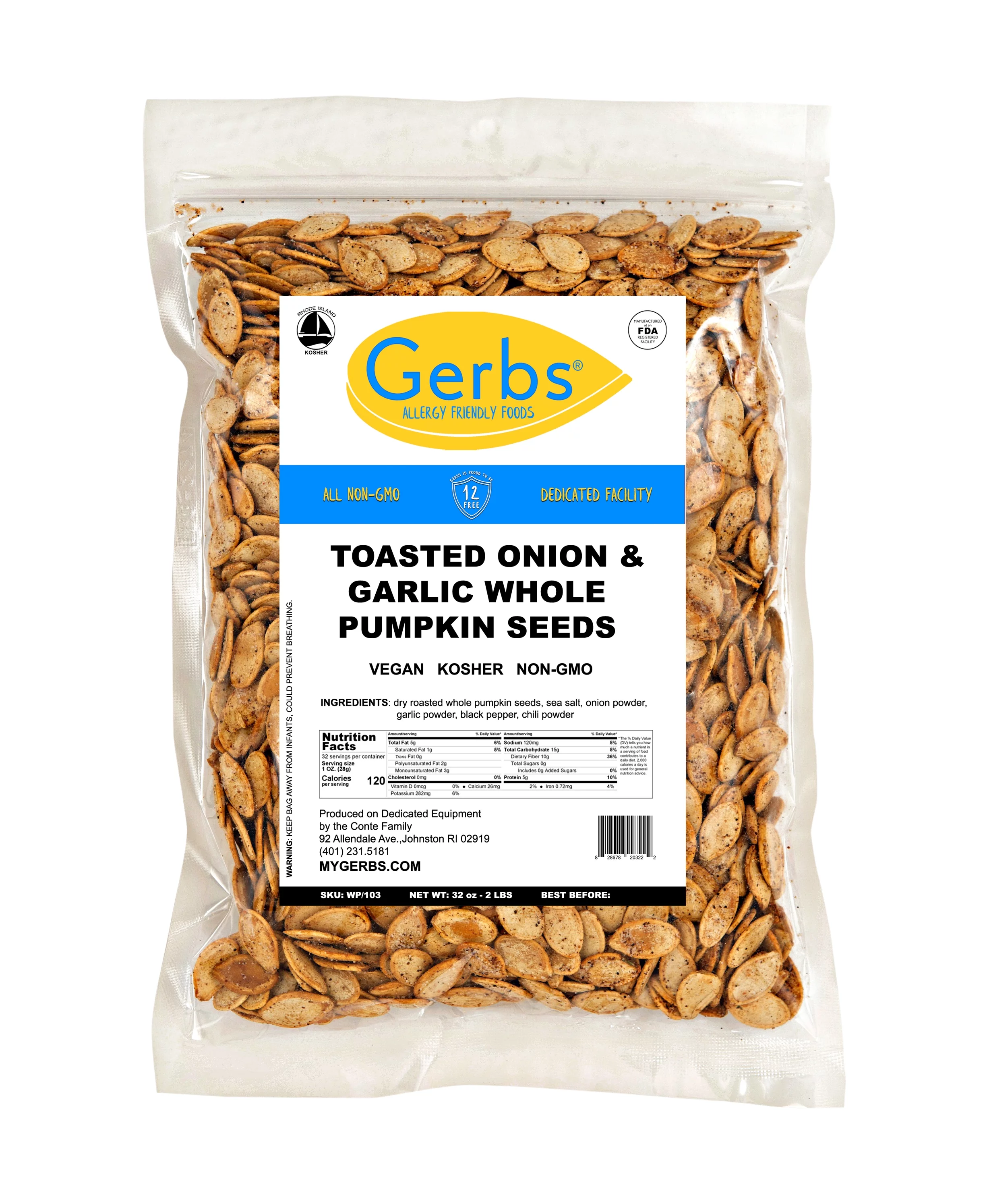 Toasted Onion & Garlic Pumpkin Seeds In Shell by Gerbs - 2 LBS - Top 14 Food Allergen Free & NON GMO - Vegan & Kosher