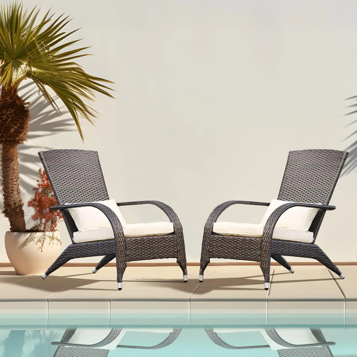 YPDCHB Adirondack Chairs Set 2 Outdoor Wicker Rattan Fire Pit Chairs Oversized Comfy Relax  Patio Chairs with Soft Cushion Low Deep Seating Tall Curved Backrest for Outside Backyard Deck