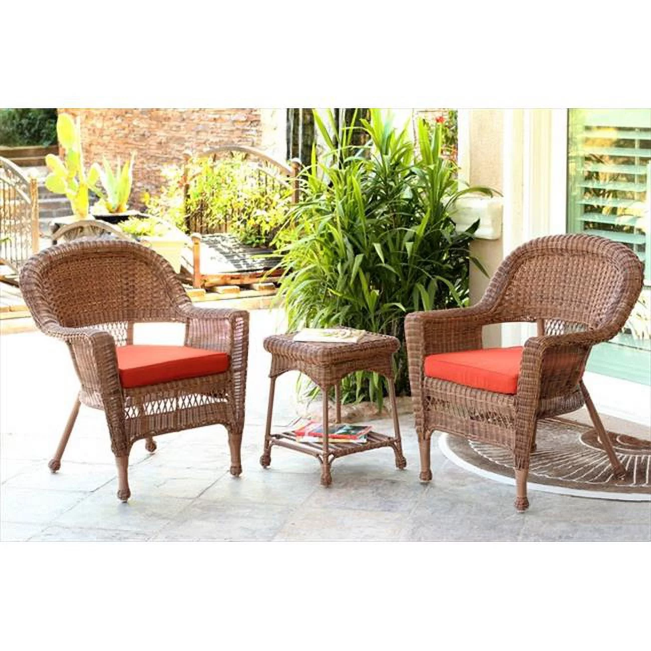 3 Piece Honey Wicker Chair And End Table Set With Red Orange Chair Cushion