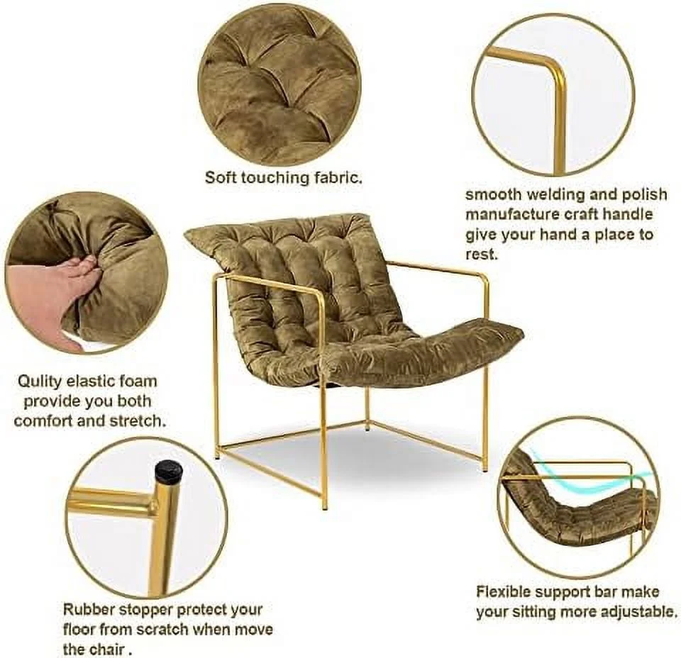 HYHBIBOOM Modern Sling Velvet  Chair with Gold Metal Frame Soft Cushion Armchair  Room Bedroom Office Olive Green