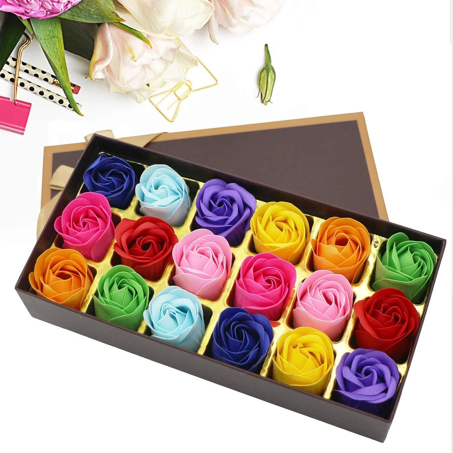 HALJEN Artificial Flowers for Outdoors in Pots Gift Boxes for Girls Contain 18 Kinds of Bath Soaps with Rose Petal