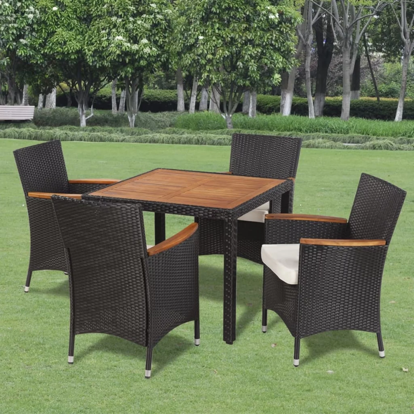 walmeck 5 Piece Patio Dining Set with Cushions Poly Rattan Black