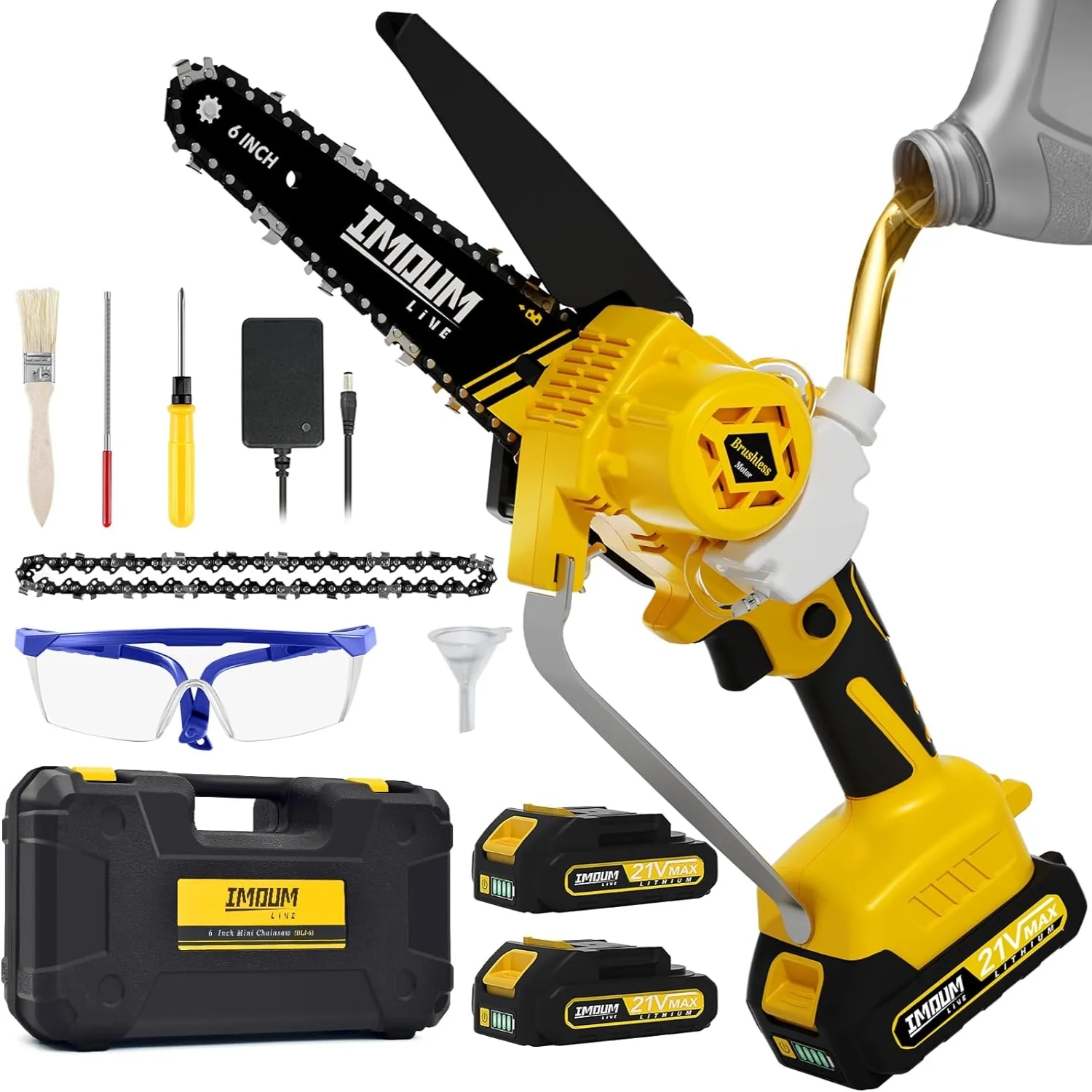 Mini Chainsaw Cordless 6'' with 2×21V Battery  IMOUMLIVE Brushless Powerful Electric Small Hand Portable Chain Saw with Auto Oiler  Lightweight  2.2 lbs  Handheld  Easy For Pruni