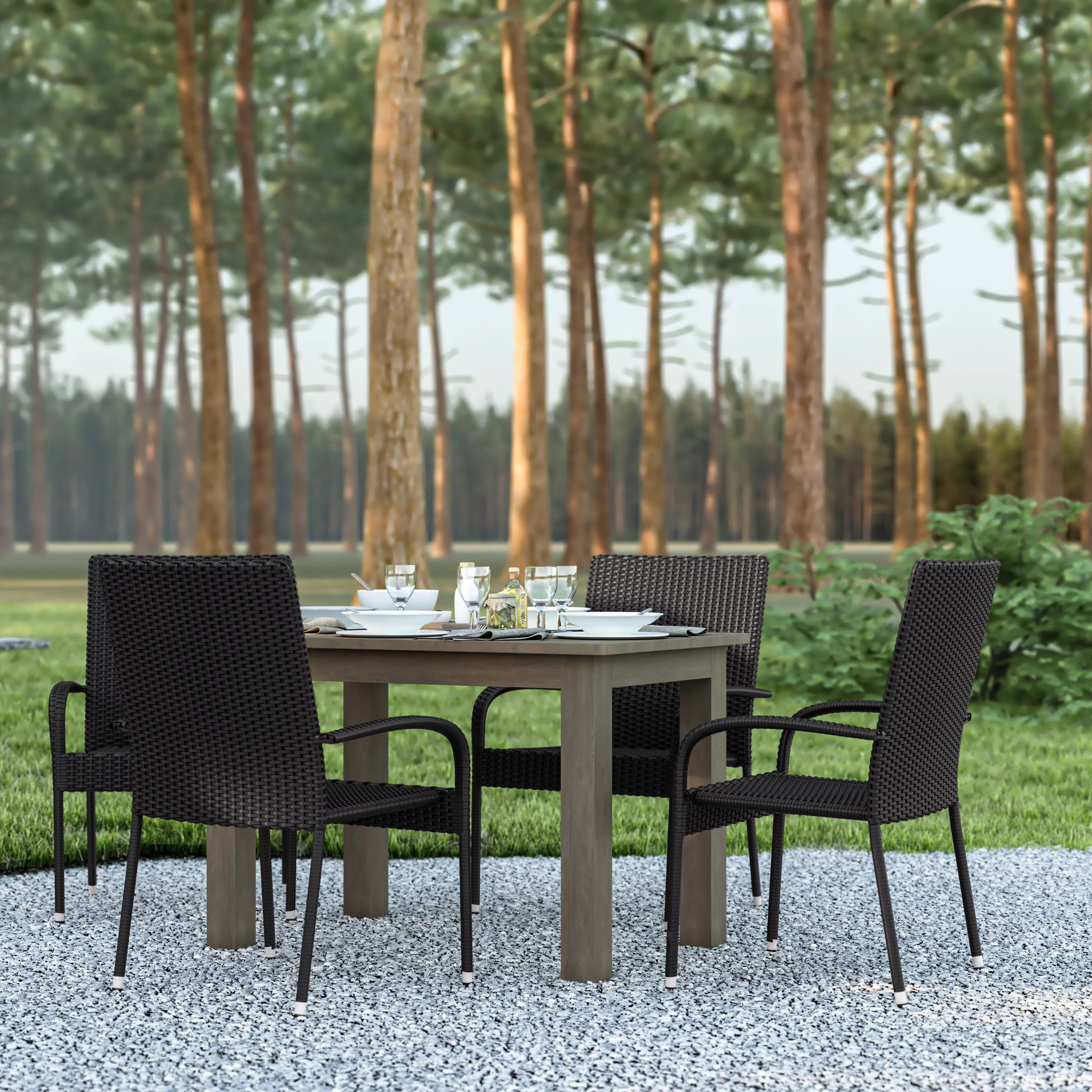 Emma + Oliver Stacking All-Weather Black Wicker Wrapped Powder Coated Steel Patio Club Chair for Indoor and Outdoor Use - Set of 4