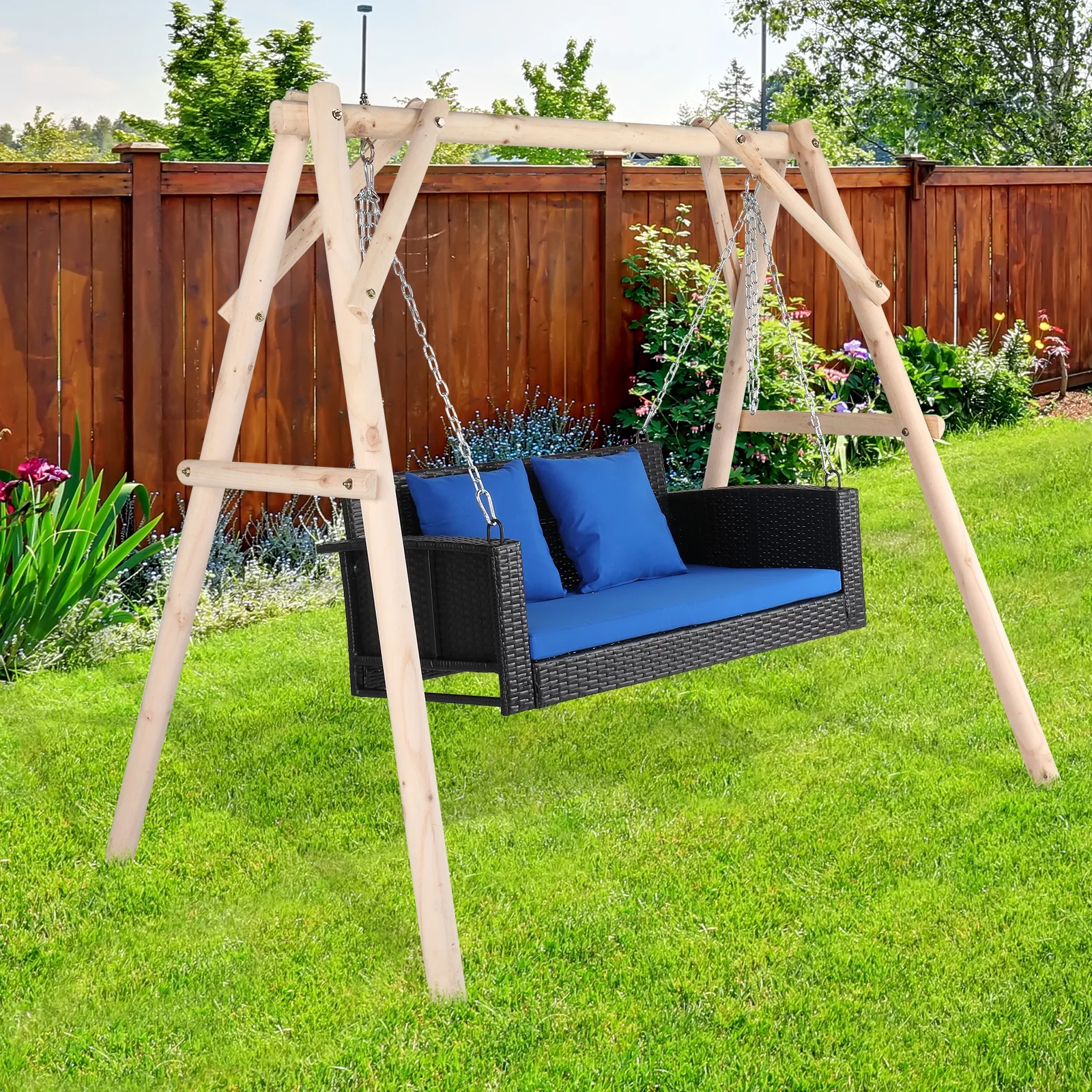 49in Black Rattan Swing Chair with Blue Cushion - Weather-Resistant Outdoor Lounge Furniture (Swing frames sold separately)