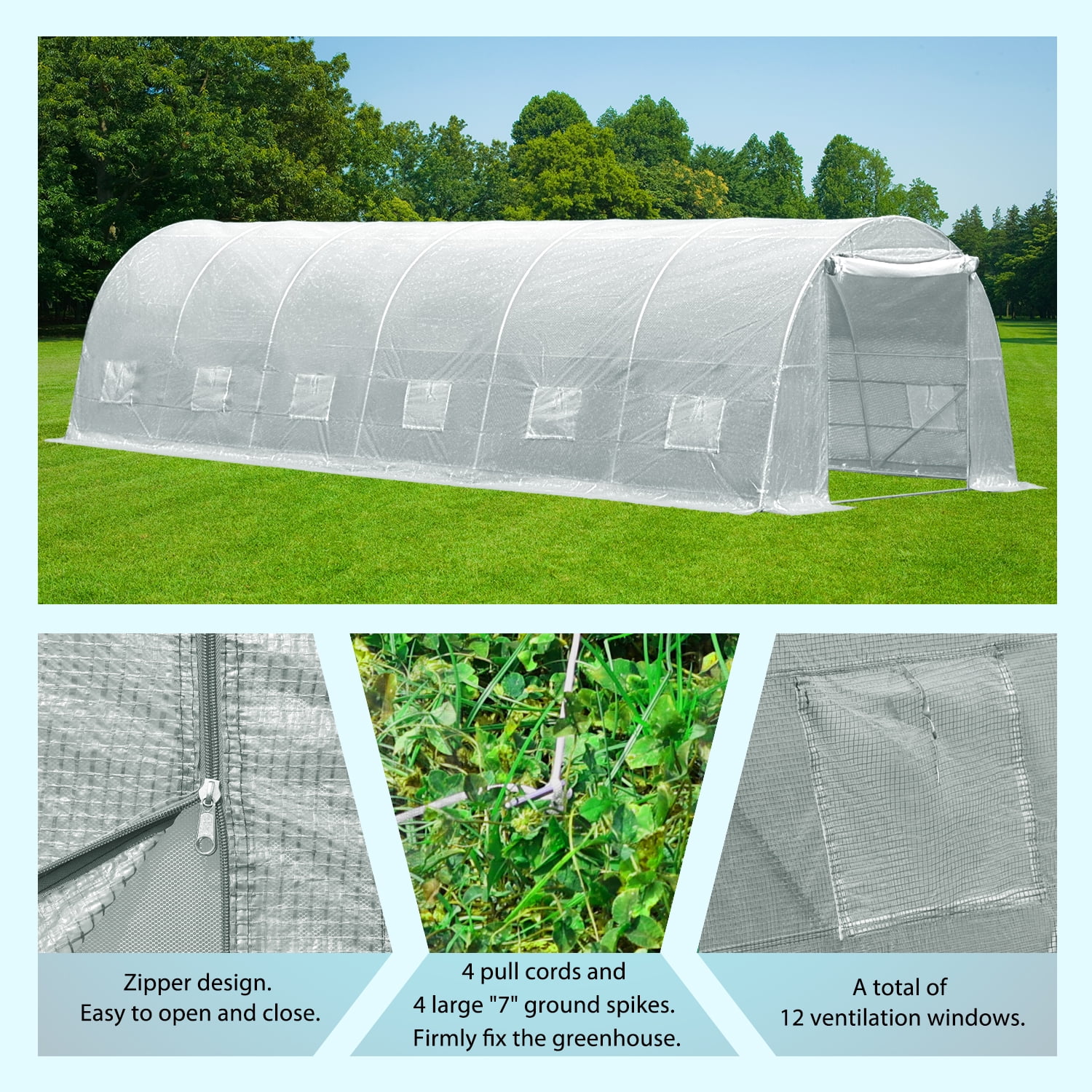 Aoodor 26 ft. x 10 ft. x 6.6 ft. Walk-in Tunnel Greenhouse Patio Greenhouse Heavy Duty Frame with 2 Roll Zipper Door 6 Roll-up Side Windows - White