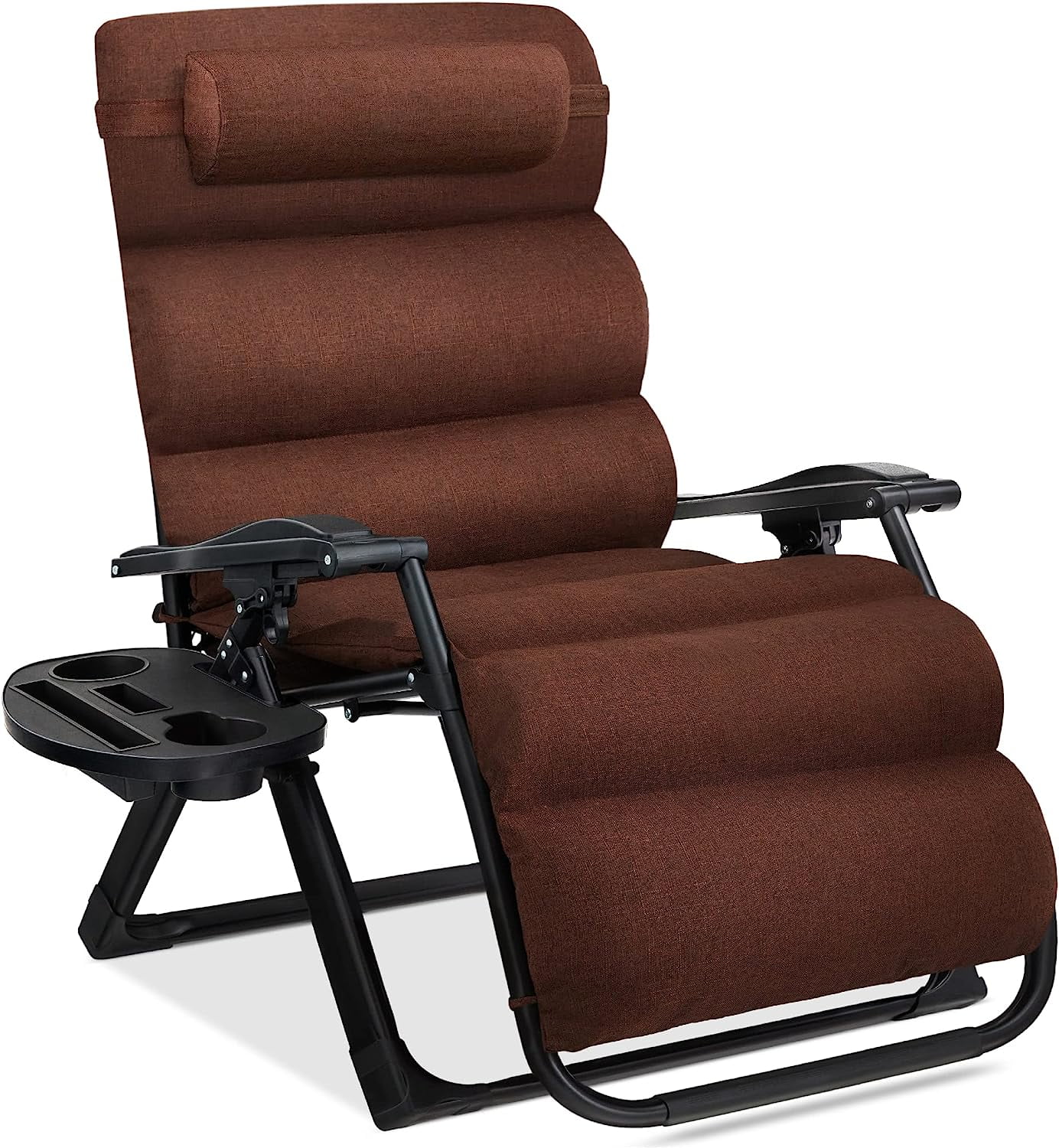 Oversized Zero Gravity Chair, S Outdoor S Recliner, XL Anti Gravity Lounger w/Removable Cushion, Cup Holder, Side Tray, 350lb Capacity - Woodland Brown