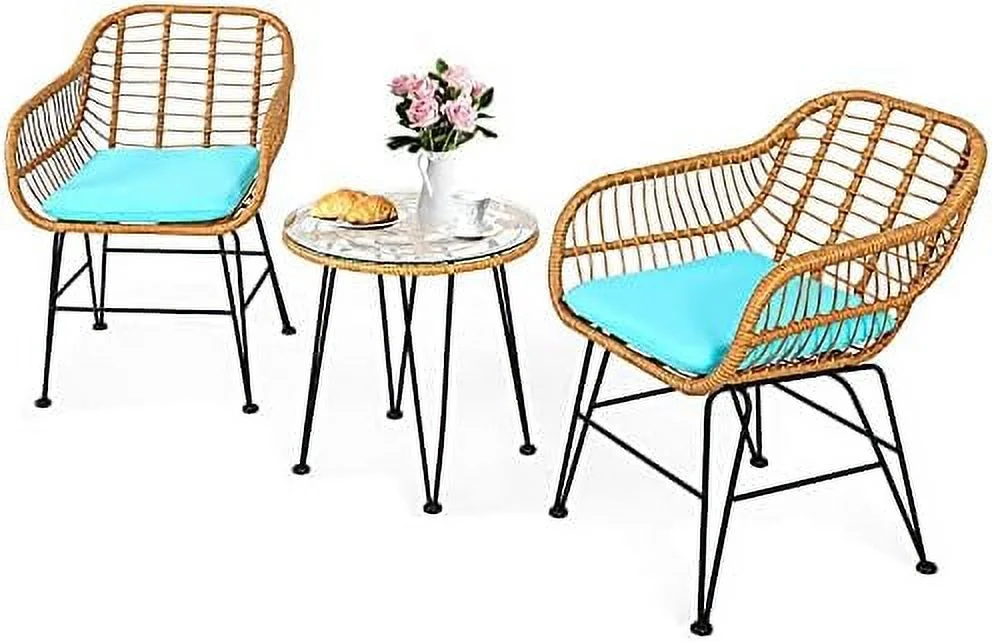 TQNJYGX 3 Pieces Rattan  with Steel Frame Round Coffee Table  Soft Cushions  Rattan Bistro  Set