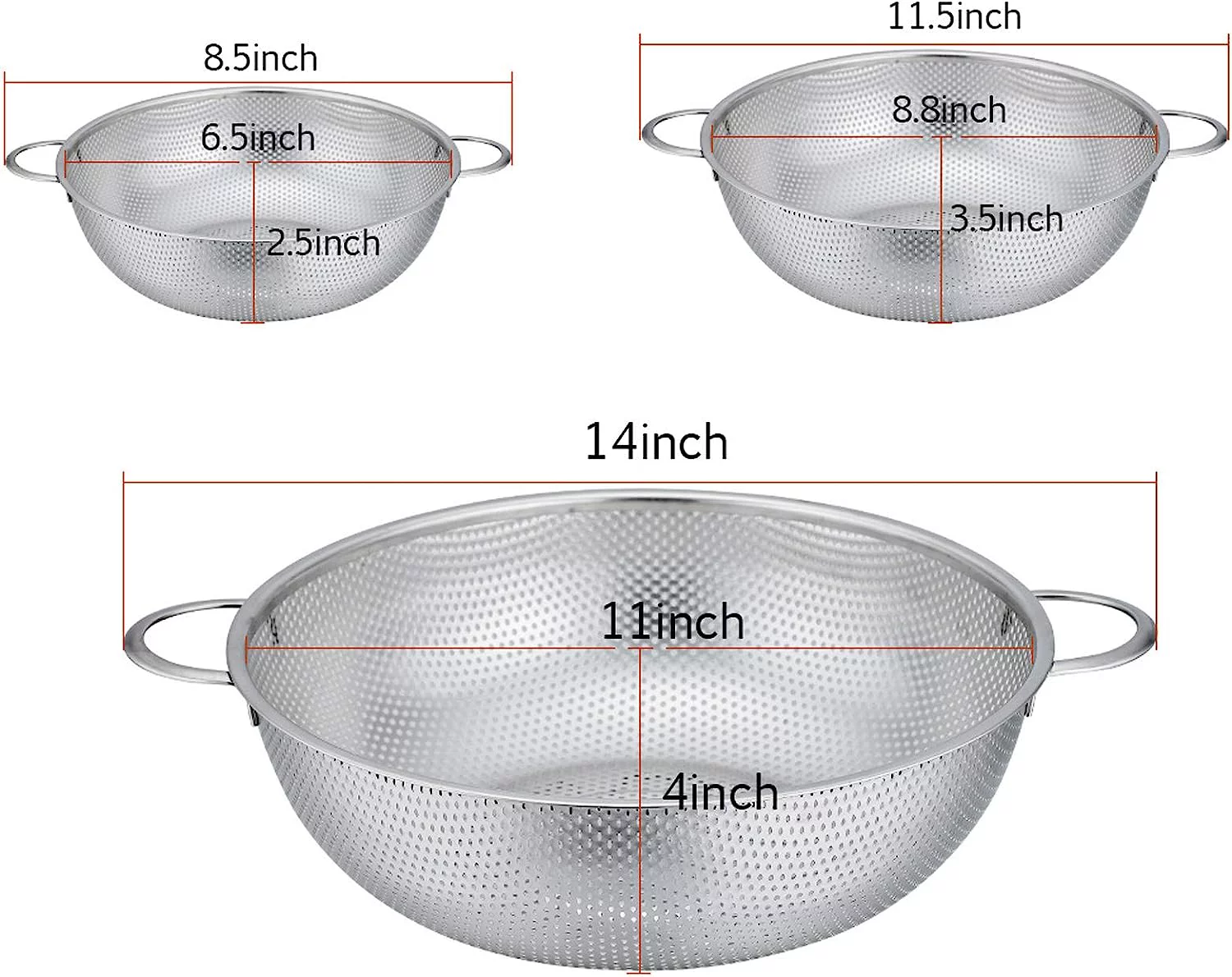 Cheefull 3 Pack Stainless Steel Colander Sieves(1-Quart, 2.5-Quart and 4.5-Quart)