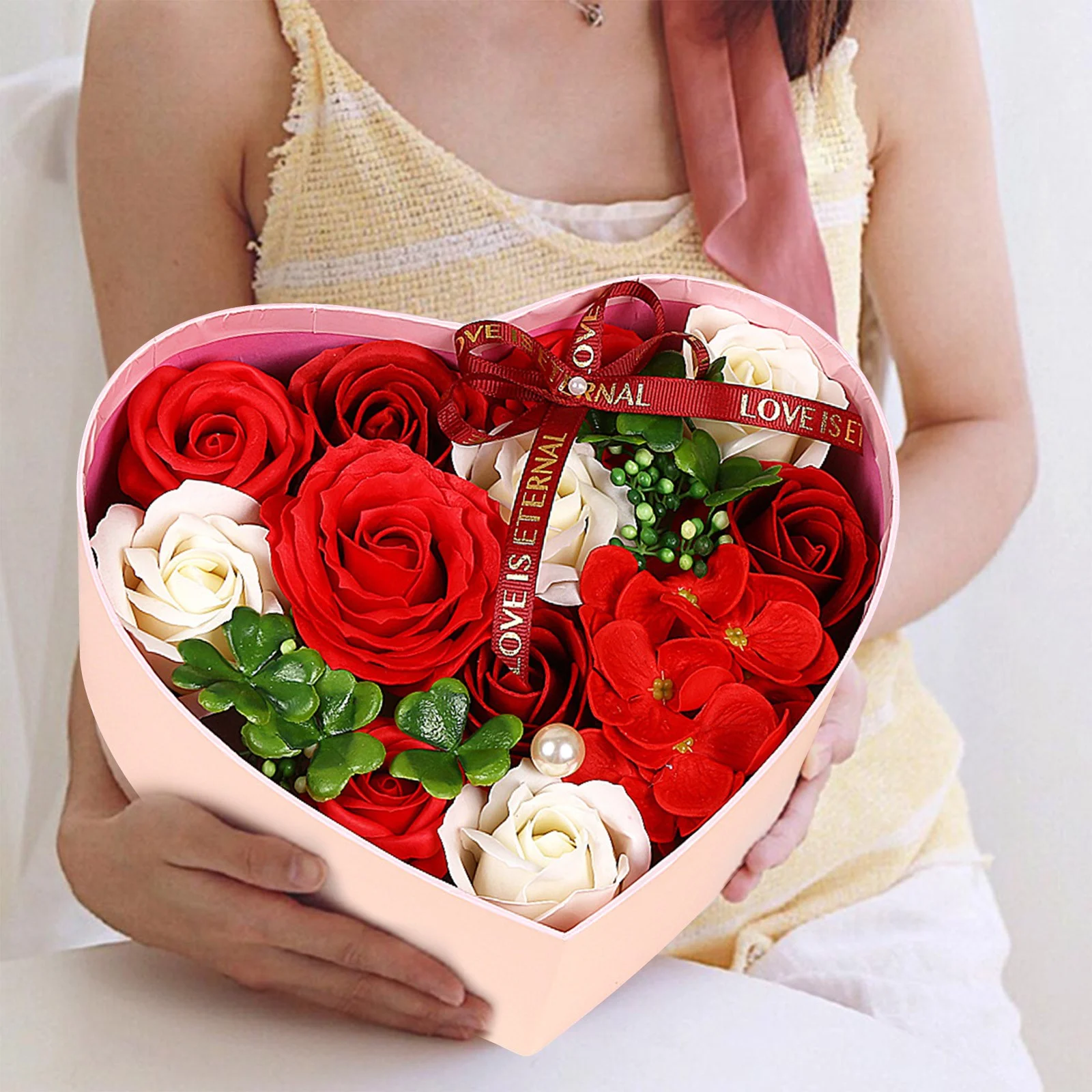 Soap Flower Heart Shaped Gift Box Border Special For Valentine's Day Christmas Creative Birthday Gift For Girlfriend Leaf Garland Wooden Tulips with Stems Holder for Artificial Flowers Year Long