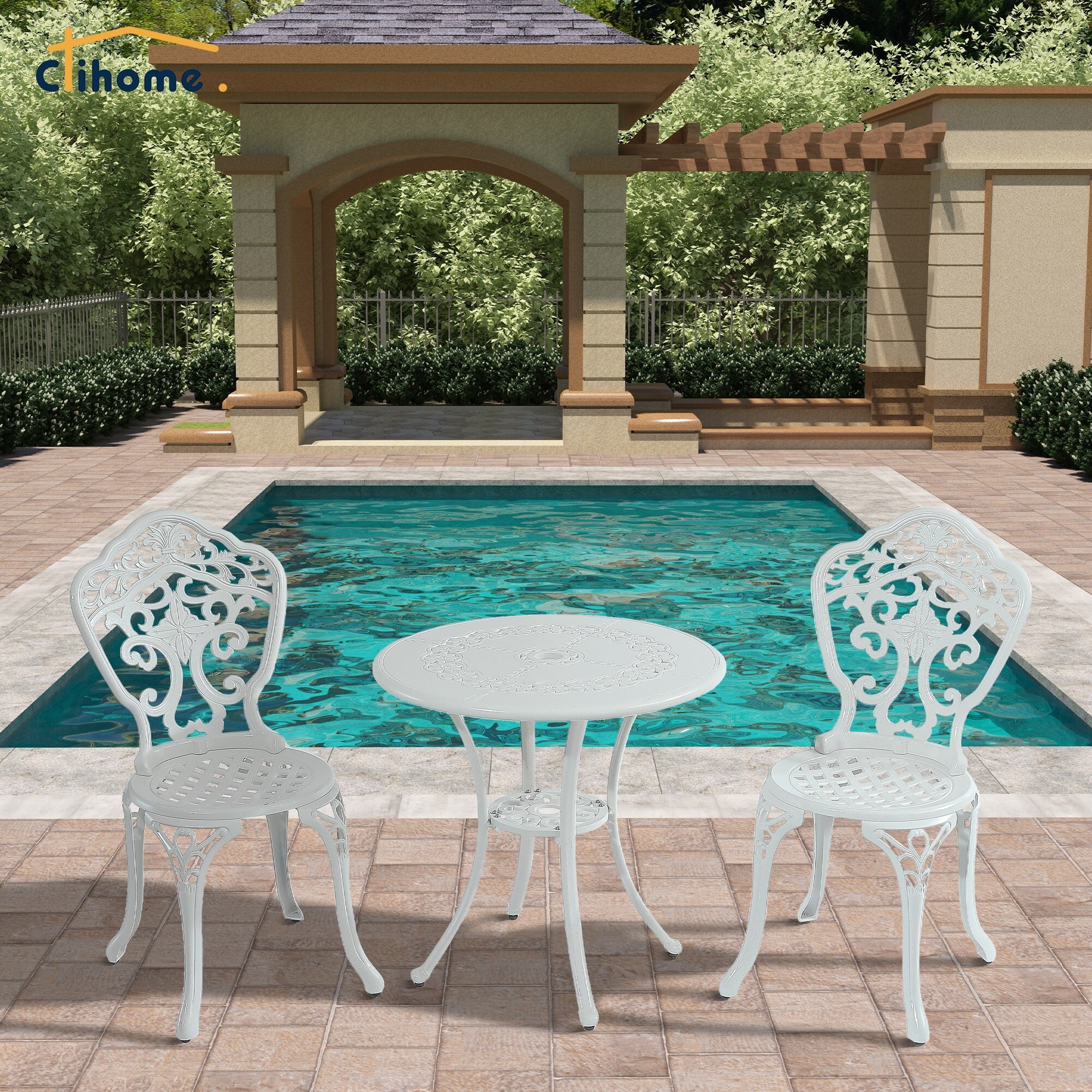 Clihome  3-Piece Outdoor Cast Aluminum Bistro Set with Umbrella Hole Brown