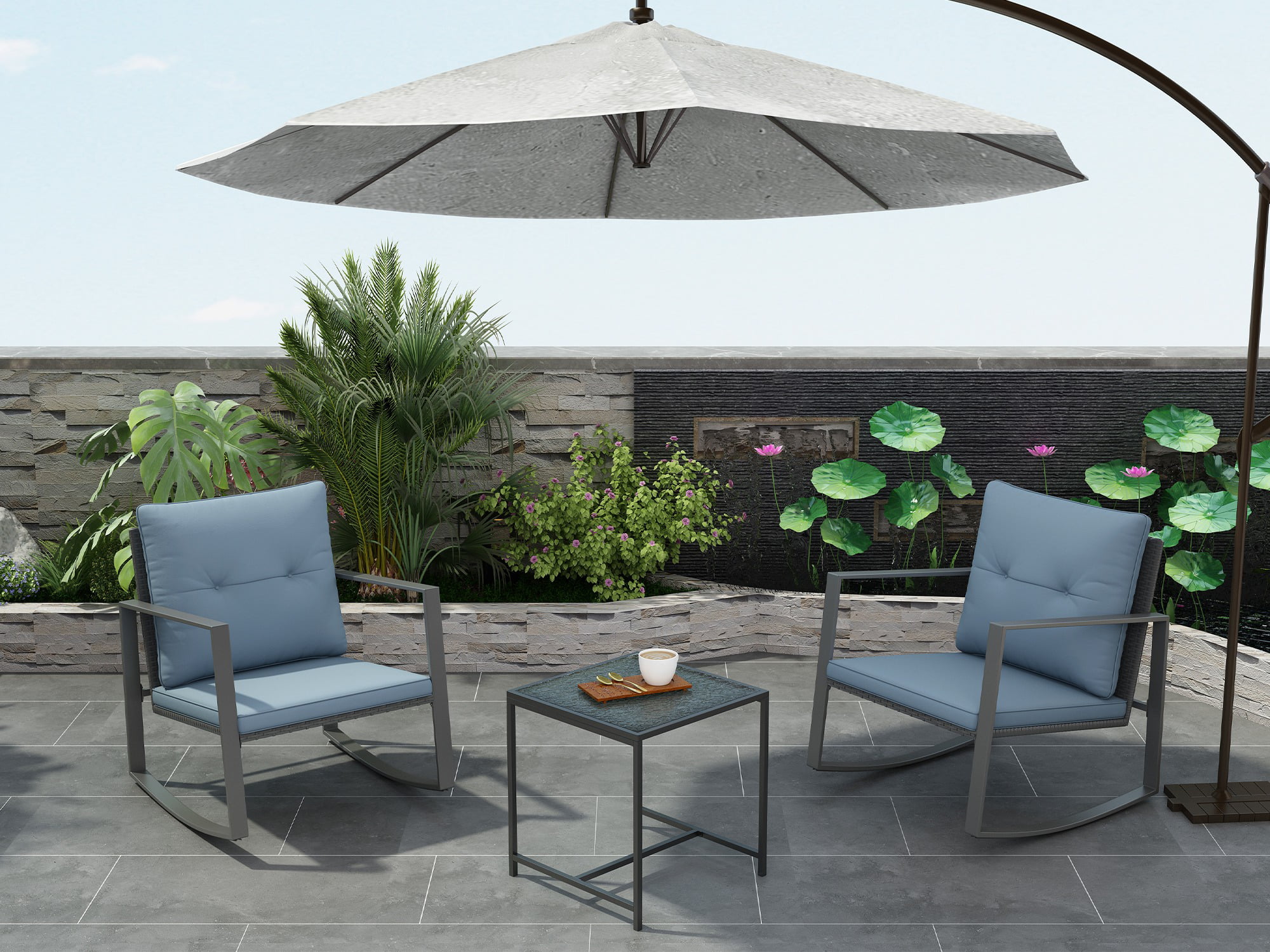 Nikias 3-Piece Modern Patio Furniture Set -Two Plush Cushioned Chairs With Solid Glass Coffee Table - Grey