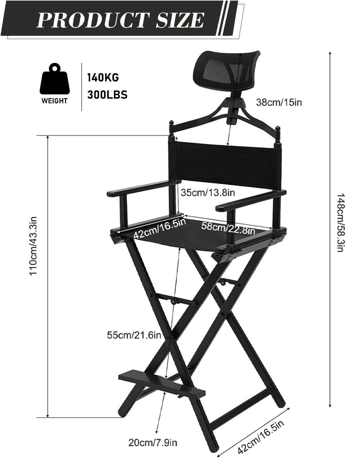 Folding Makeup Directors Chair, Portable Aluminum Tall Artist Chair with Head Rest for Studio Salon Outdoor Leisure