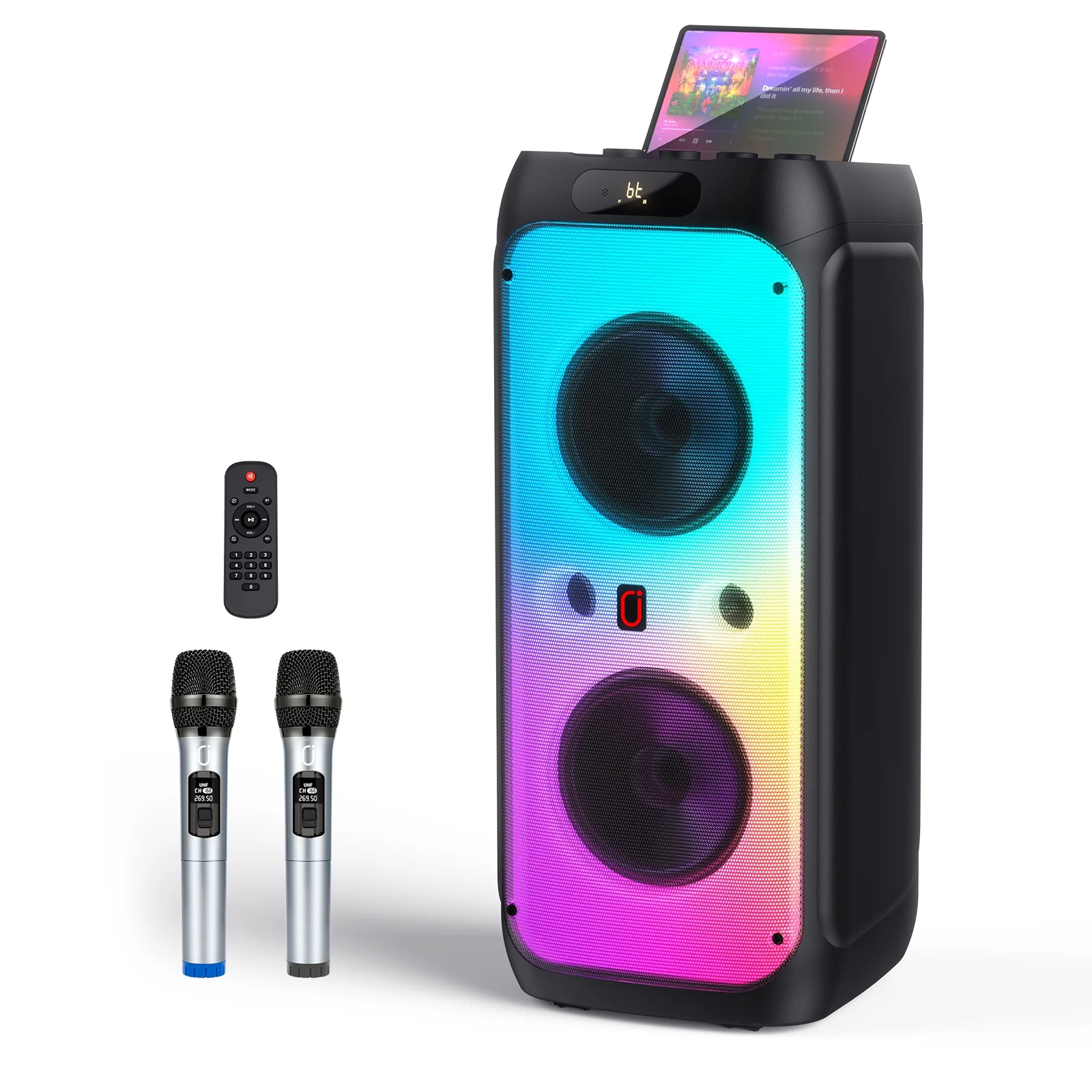 JYX Large Karaoke Machine for Adult, 300W Multifunction Karaoke System with 2 Wireless Microphone, PA Speaker with LED Disco Light for Party