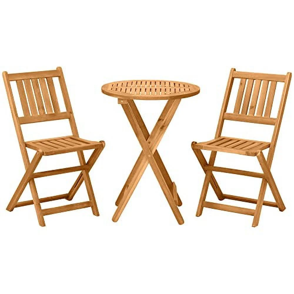 Outsunny 3 Piece Bistro Table and Chairs Set of 2, Acacia Wood Outdoor Bistro Set with 2 Folding Chairs and Round Table, Varnished, Slatted Outdoor Furniture Set, Teak
