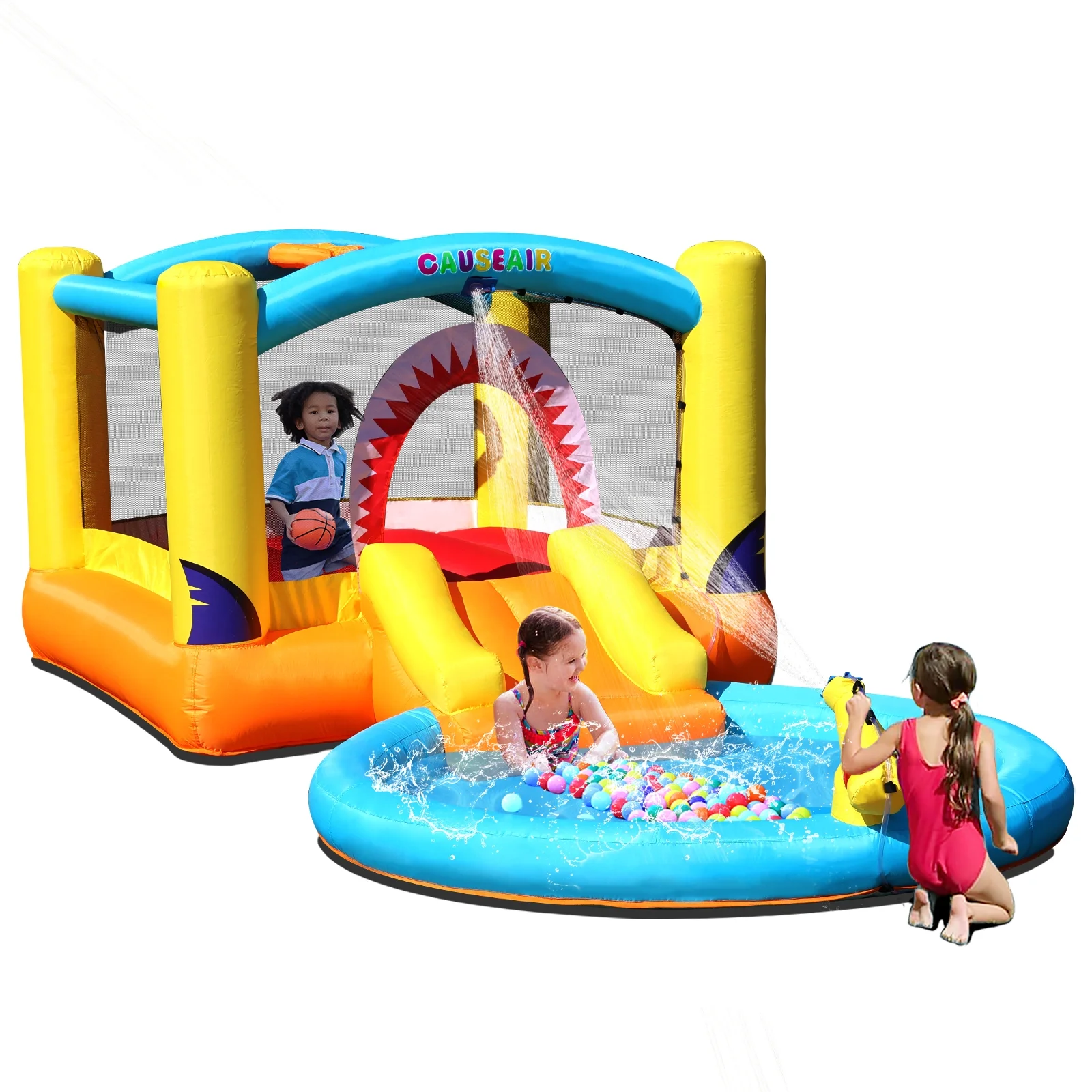 Casueair Inflatable Bounce House with Ball Pit & Water Slide,Wet & Dry Use,Water Spray Gun,Basketball Hoop,Bouncy House for Toddler Kids