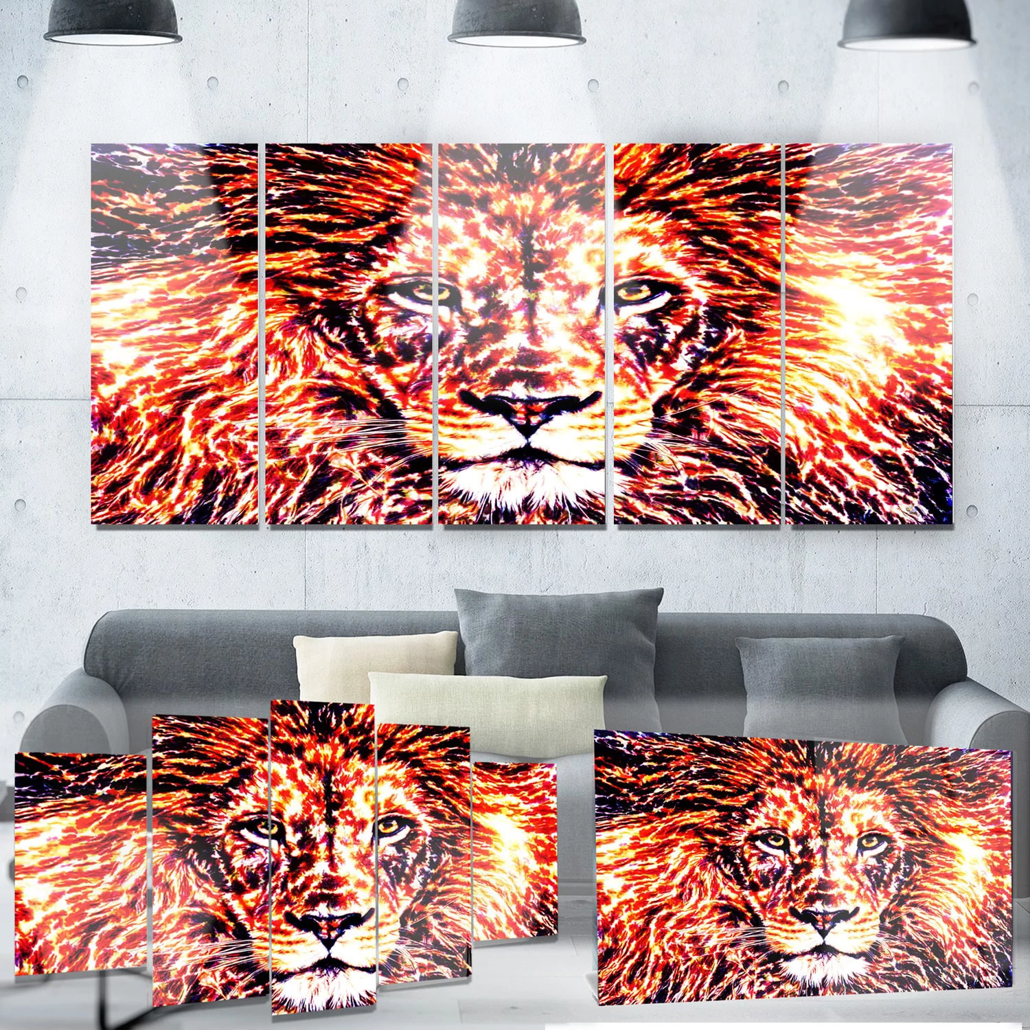 DESIGN ART Designart 'Lively Lion' Animal Metal Wall Art 60 in. wide x 32 in. high - 5 Panels Diamond Shape