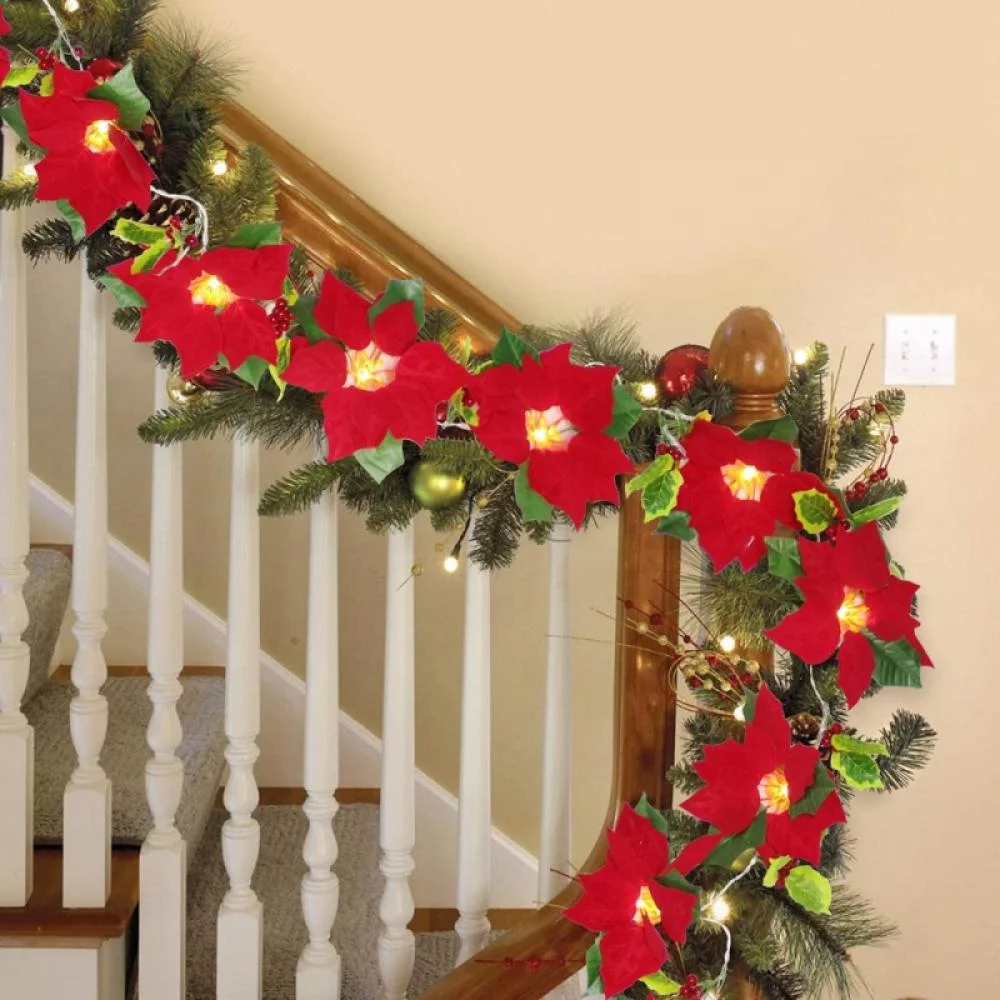 Christmas Poinsettia Garland Red Flower String Lights, Battery Powered 6.56ft Artificial Flowers LED String Lights, Party Indoor & Outdoor Stairs Fireplace Decorations