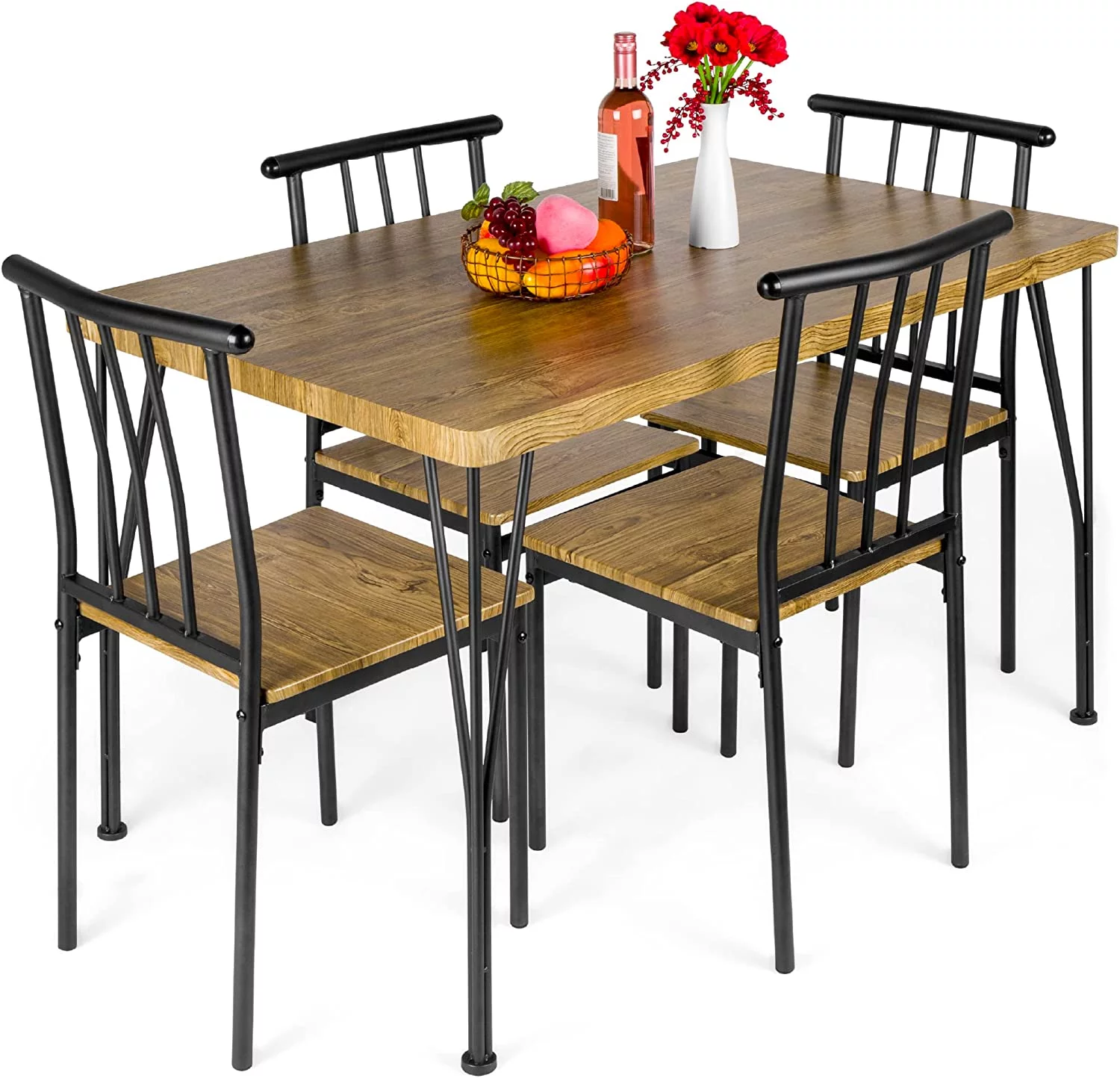 5-Piece Metal and Wood Indoor Modern Rectangular Dining Table Furniture Set for Kitchen, Dining Room, Dinette, Breakfast Nook w/ 4 Chairs - Brown