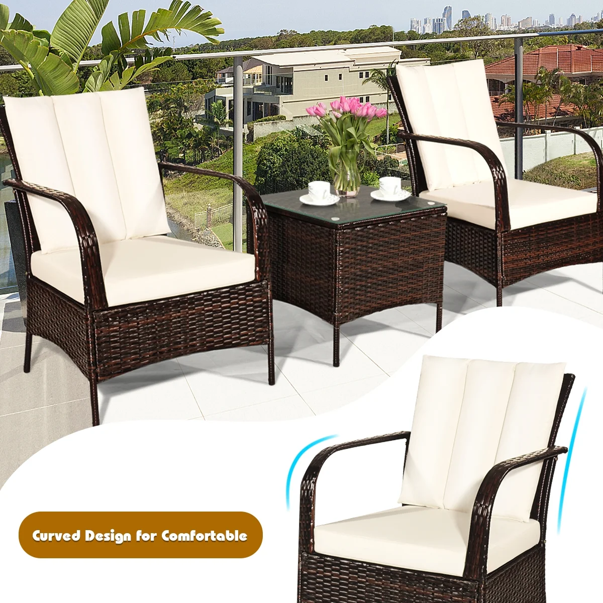 Boyel Living 3 Pcs Patio Conversation Set Rattan Furniture Set PE Rattan Chairs Set and Table, White