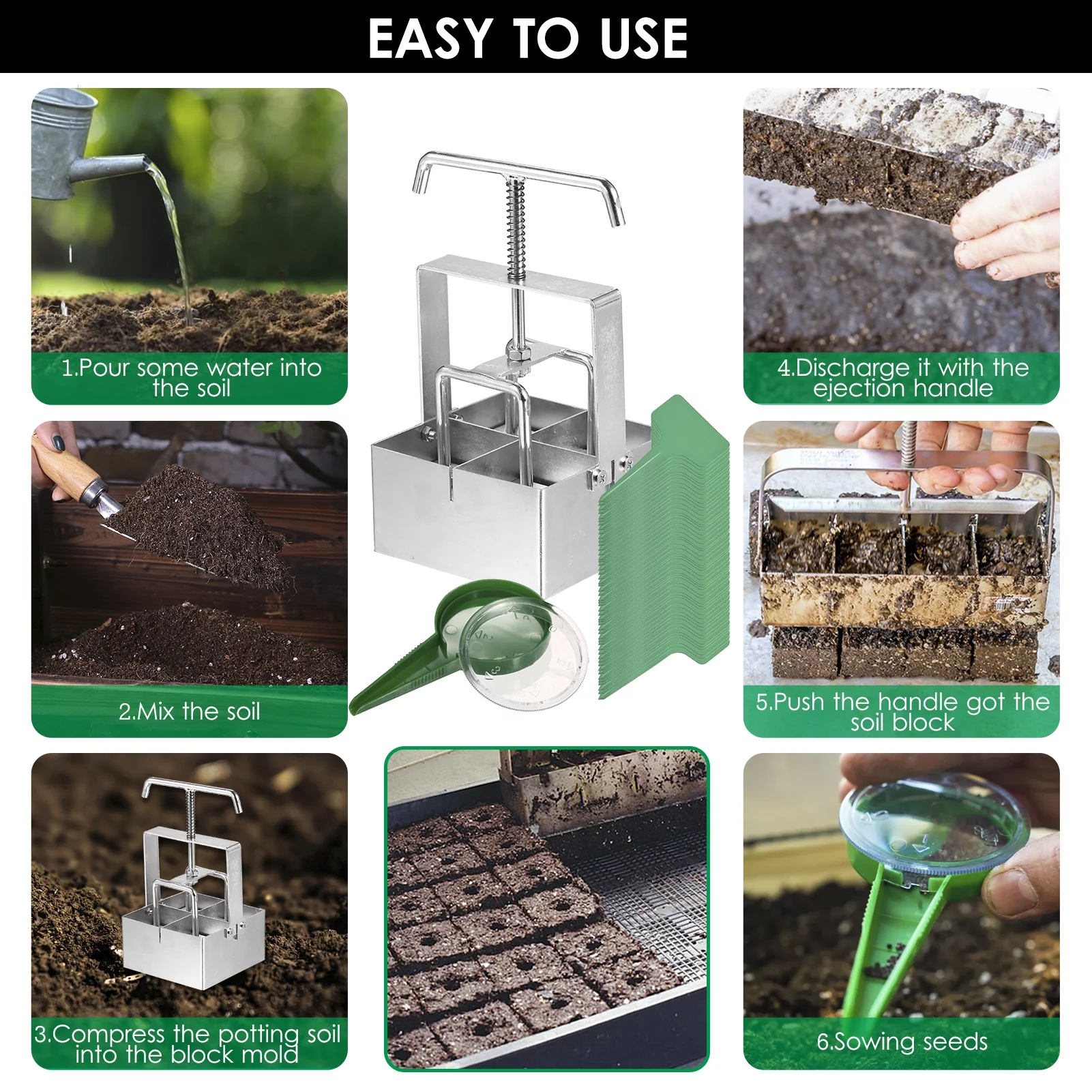 Handheld Soil Blocker 2-Inch Soil Block Maker Soil Blocking Tool with Dibbles Dibbers for Garden Cultivate seedlings and cultivate soil