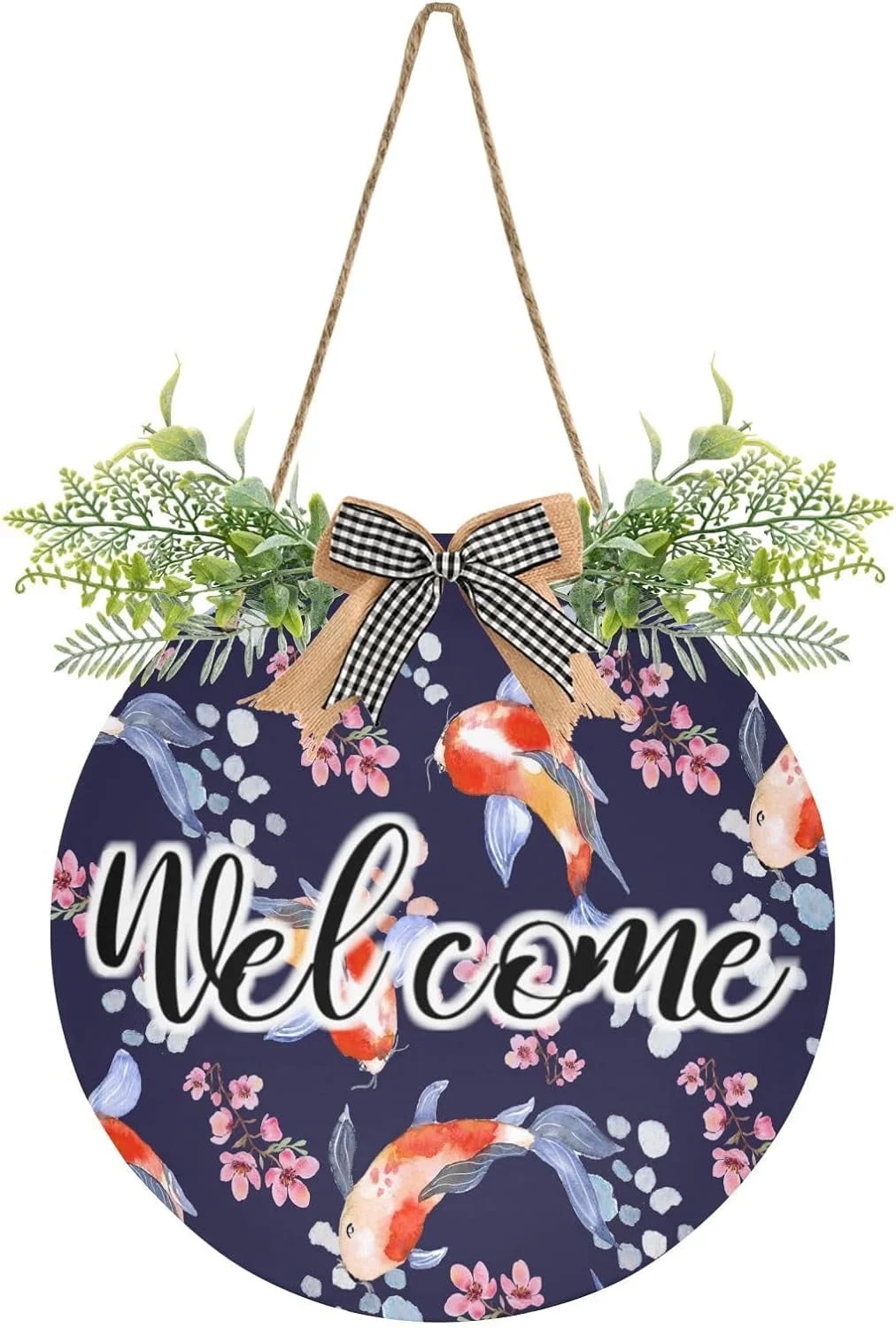 Coolnut Koi Fish in The Pond Front Door Round, Hanging Welcome Sign, Front Door for Home, Farmhouse, Porch, Wall Hanging, Outdoor Home Decor