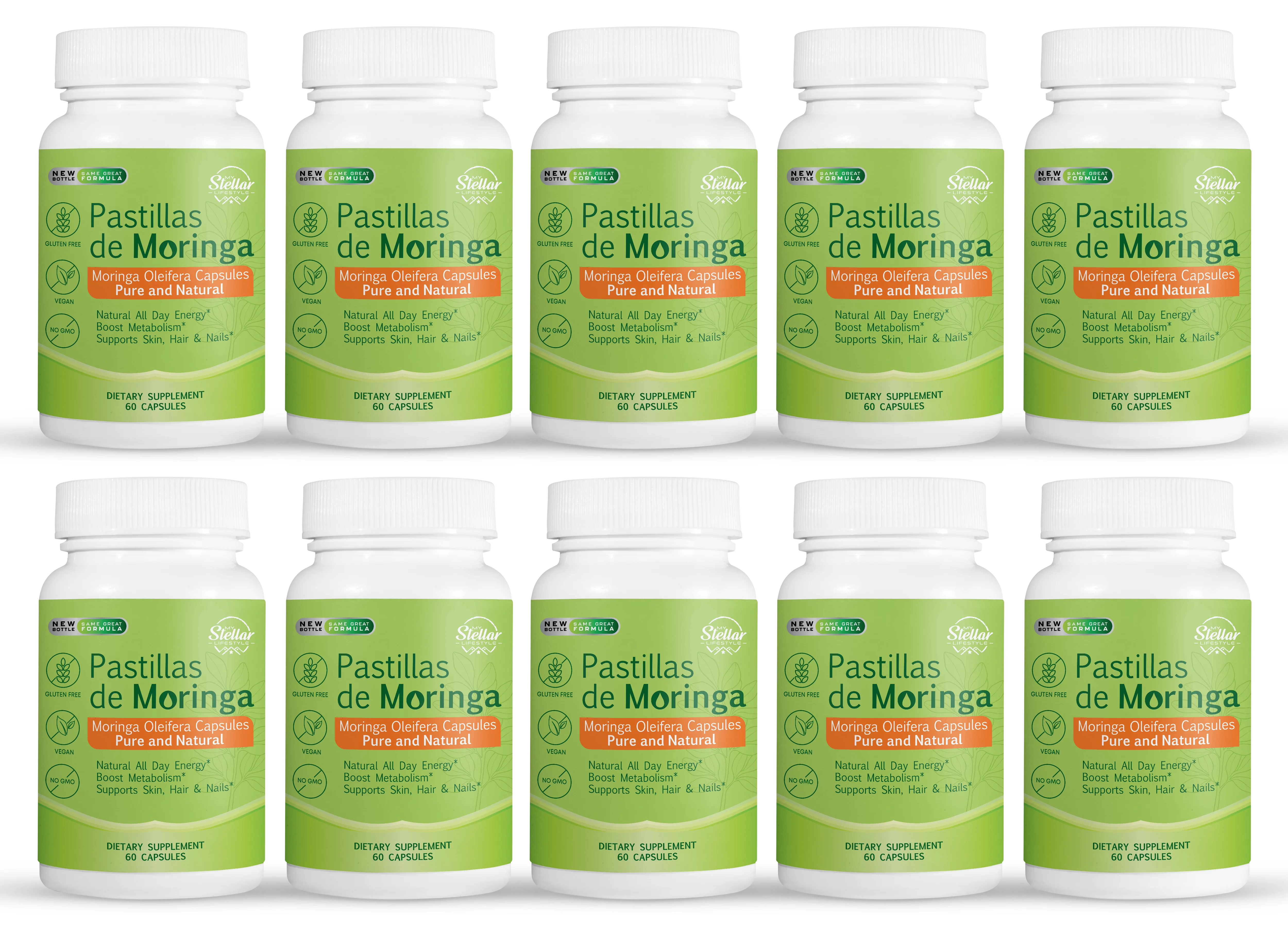 10 Pack Pastillas de Moringa, boost metabolism & supports skin, hair and nails-60 Capsules x10