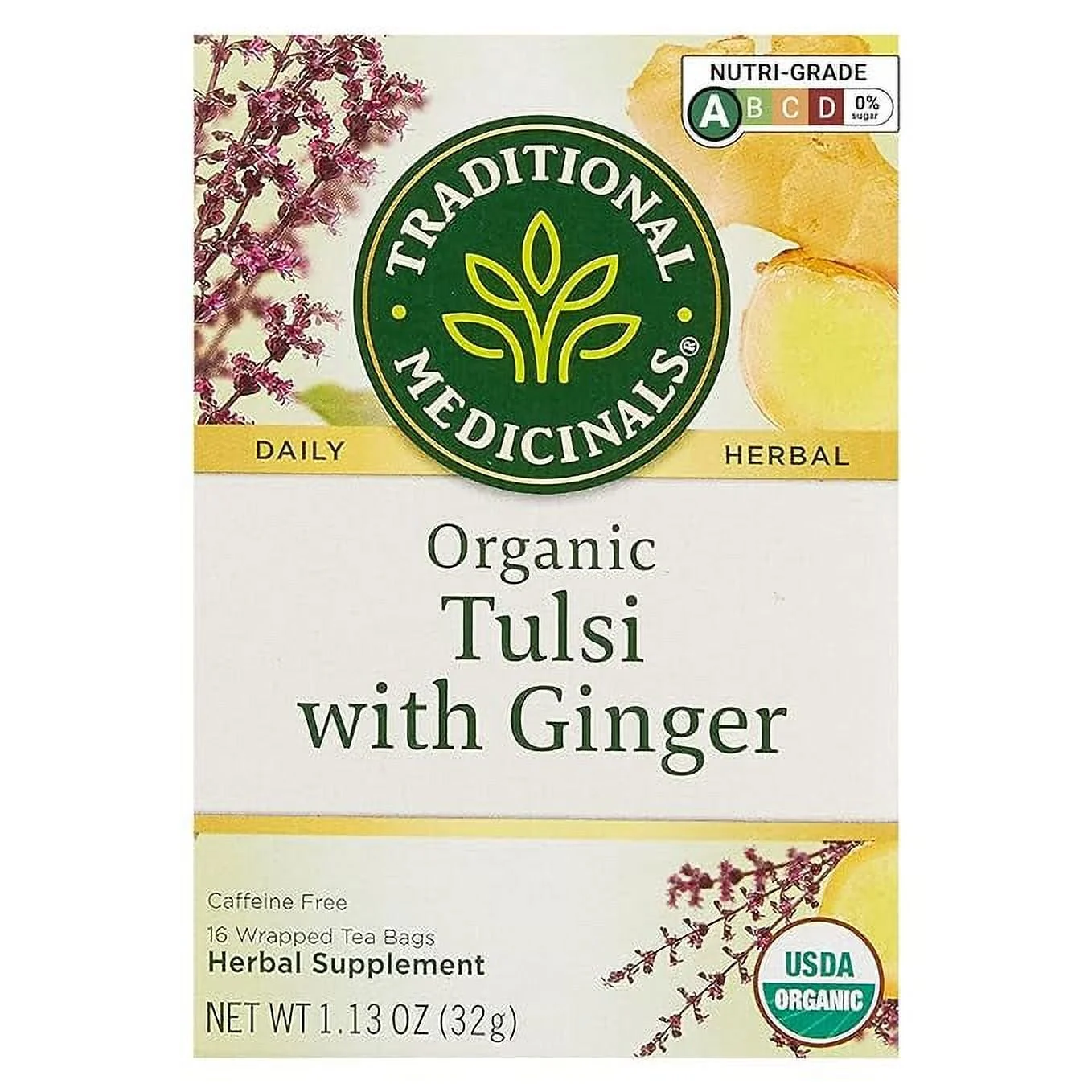 Traditional Medicinals Organic Tulsi & Ginger Herbal Tea, (Pack of 1) - 16 Tea Bags