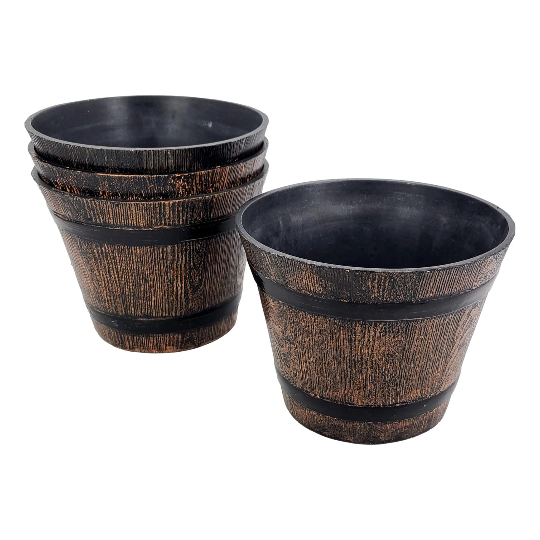 Realistic Wood Look Mini Barrel Planters Lightweight Durable Plastic Set of 4, Each 7” High x 8.5