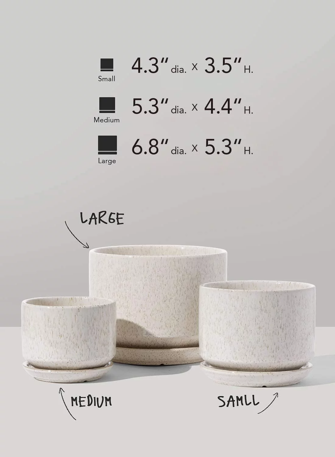 LE TAUCI 4.3+5.3+6.8 Inch Ceramic Plant Pots with Drainage Hole and Saucer, Set of 3, Reactive Glaze Beige