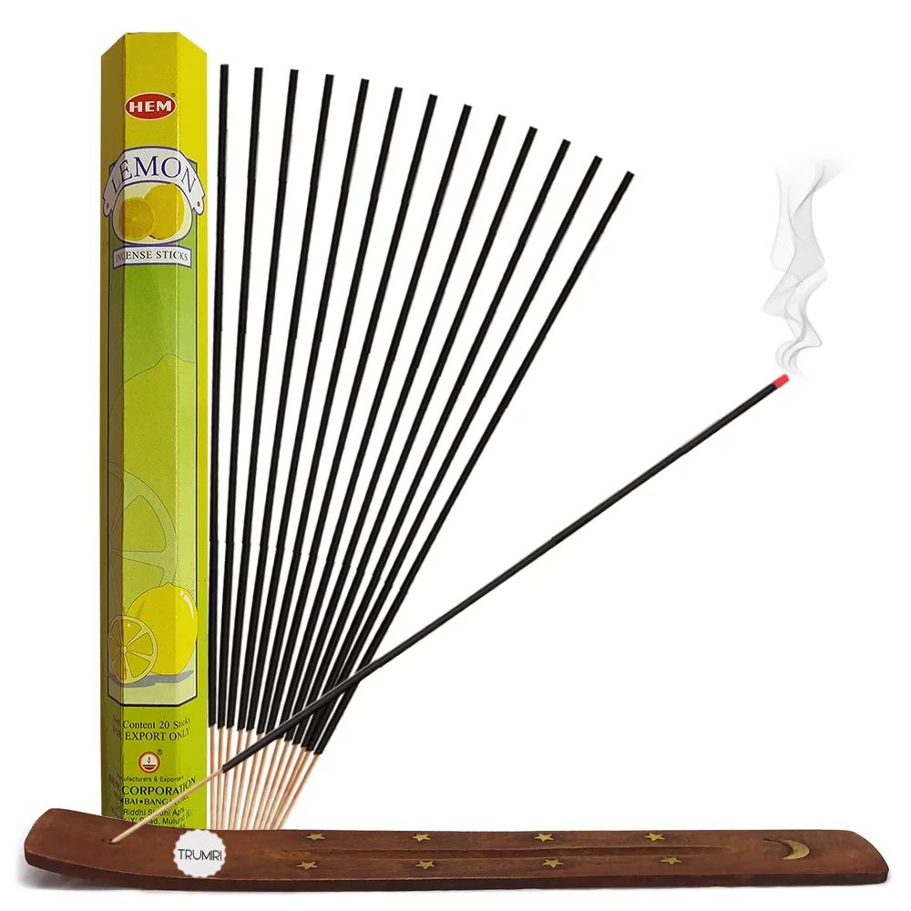 Trumiri Incense Stick Holder Bundle with Hem Lemon 20g Incense Sticks - Pack of 8 (approx 160 Sticks)