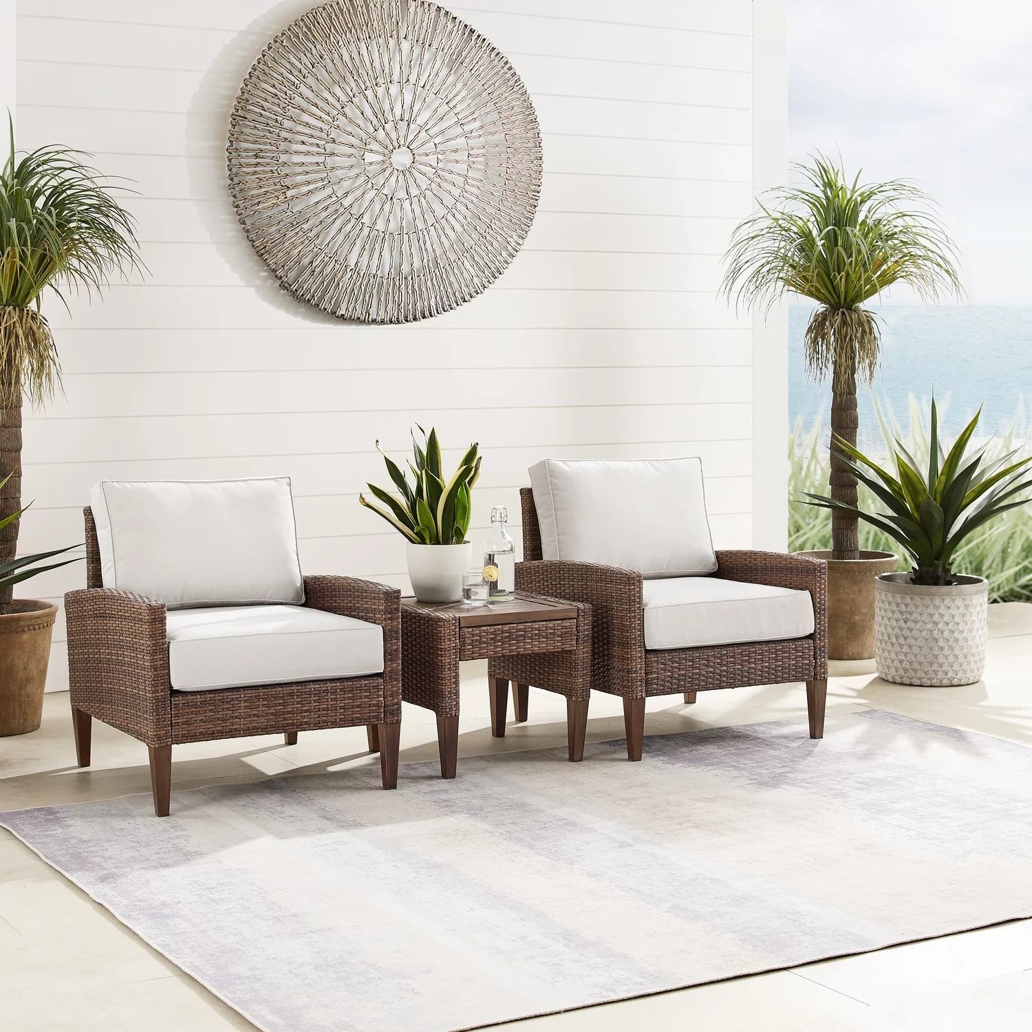 Maykoosh Rococo Radiance 3Pc Outdoor Wicker Chair Set Creme/Brown - Side Table & 2 Armchairs