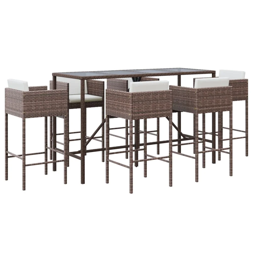 Dcenta 7 Piece Patio Bar Set with Cushions Brown Poly Rattan